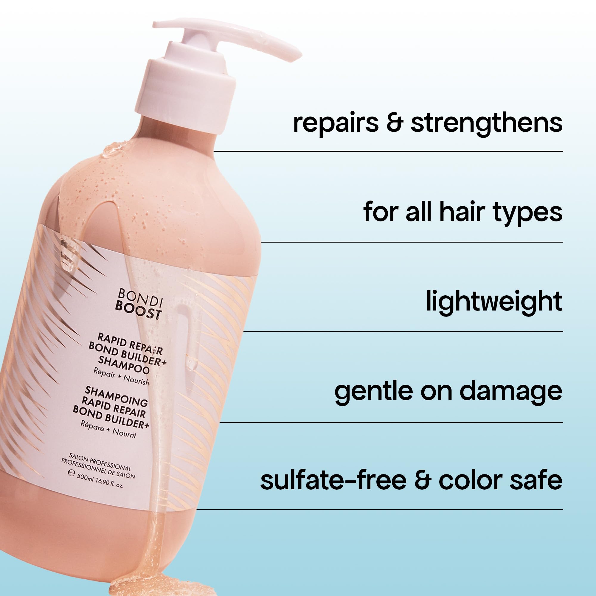 BondiBoost Rapid Repair Shampoo action image highlights rich lather for cleansing and conditioning.
