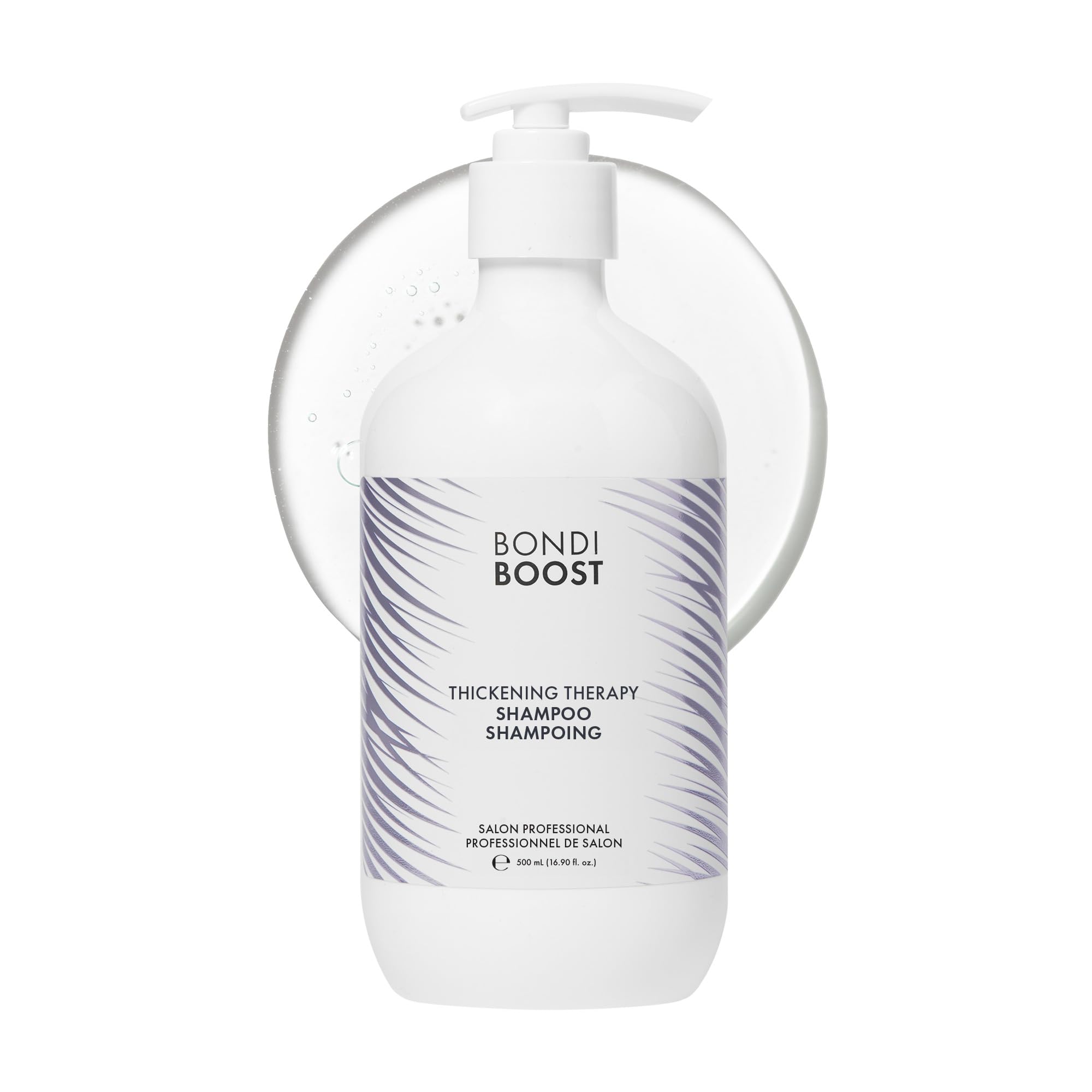 BONDIBOOST Thickening Shampoo bottle shows vegan formula for added root lift and volume