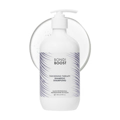 BONDIBOOST Thickening Shampoo bottle shows vegan formula for added root lift and volume