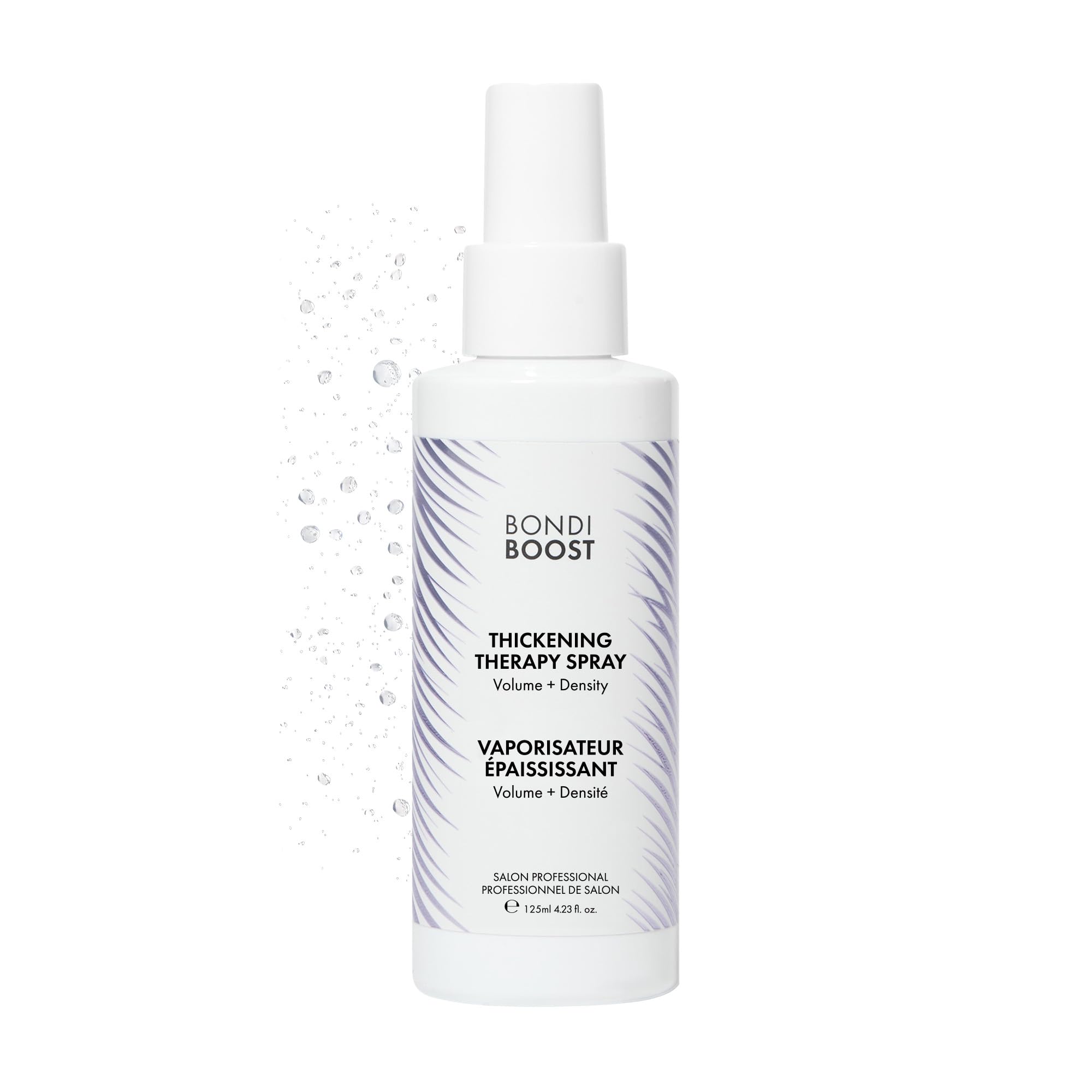 BONDIBOOST Thickening Spray bottle demonstrates root lift for fuller hair.