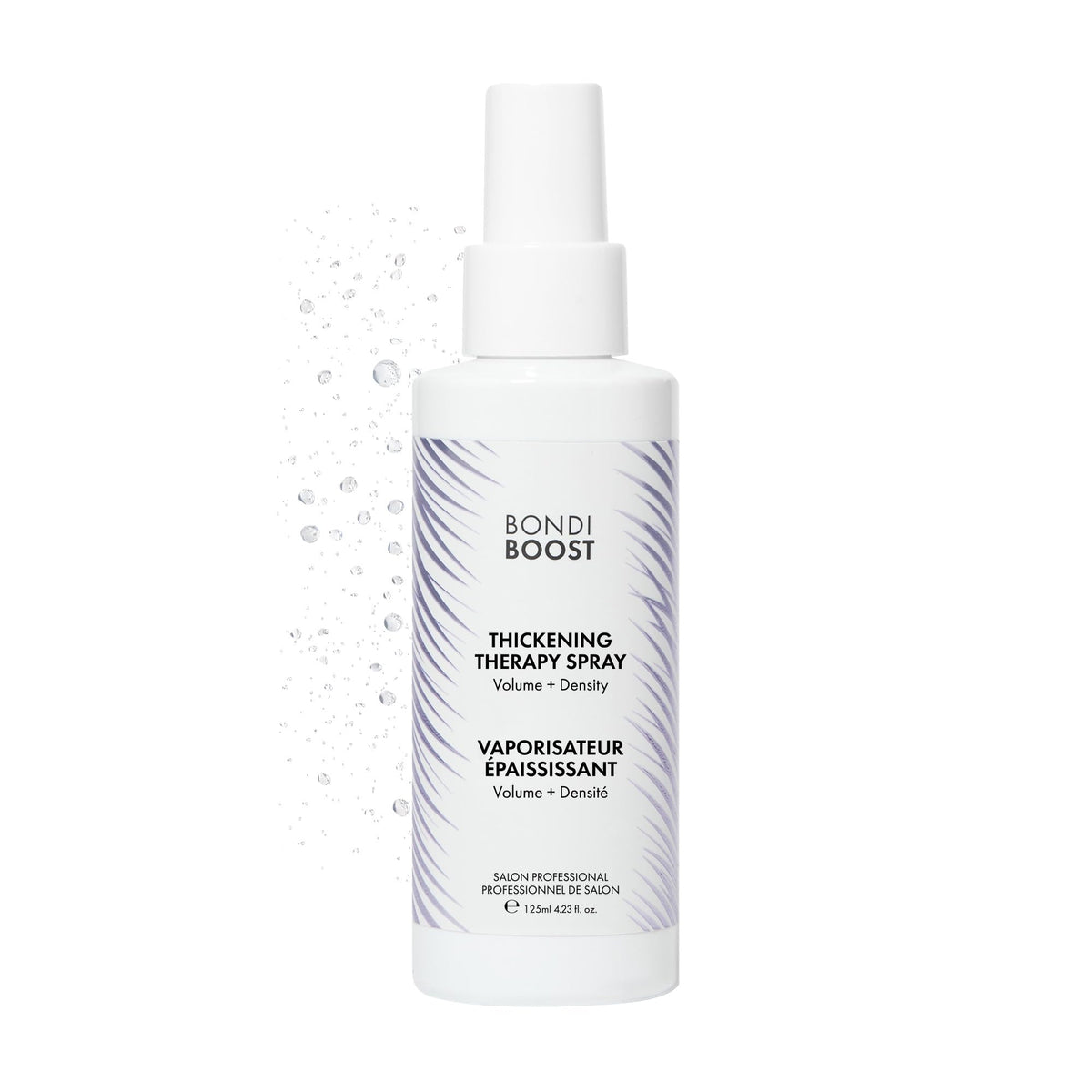 BONDIBOOST Thickening Spray bottle demonstrates root lift for fuller hair.
