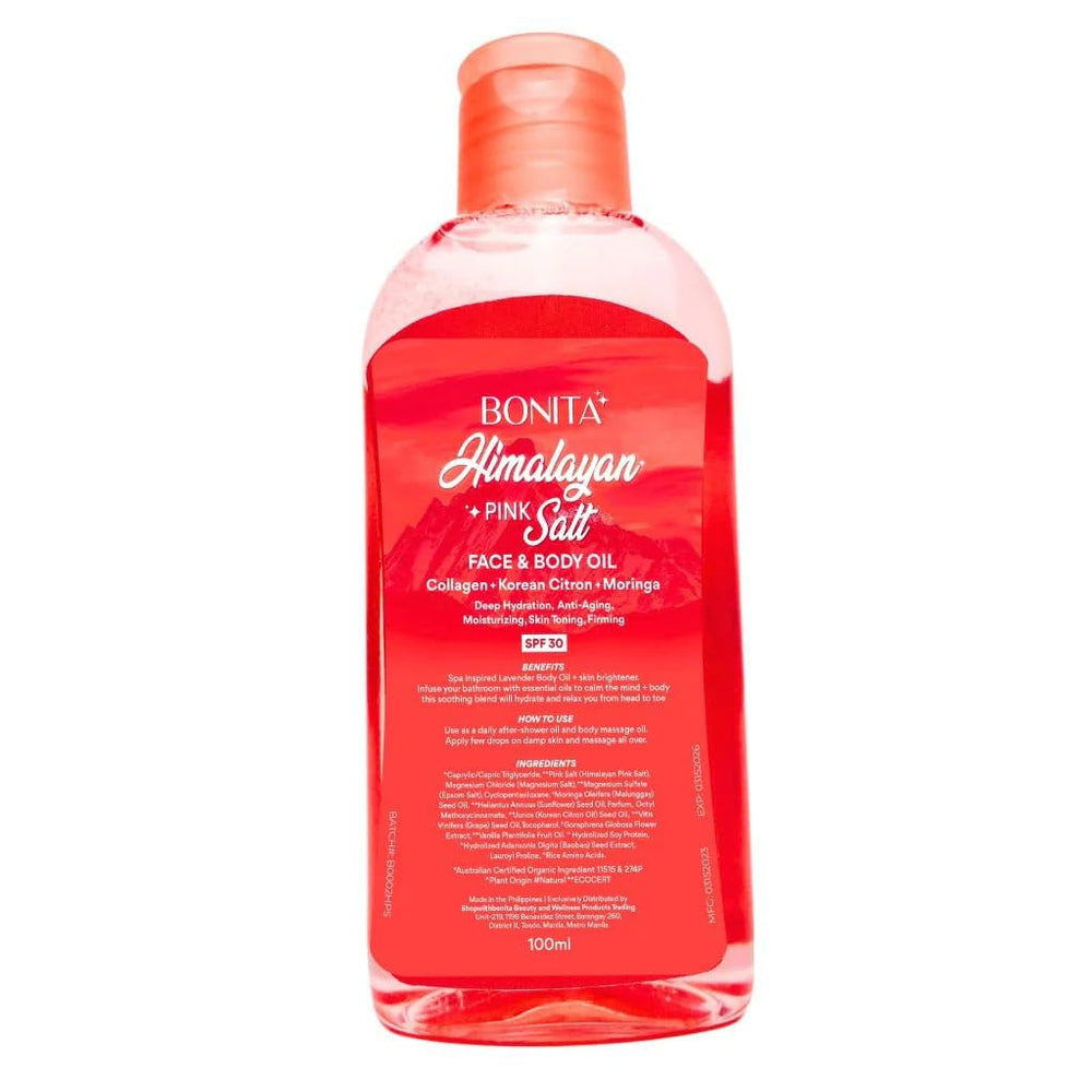 Bonita Himalayan Pink Salt Face & Body Oil bottle showing SPF 30 for daily hydration and protection