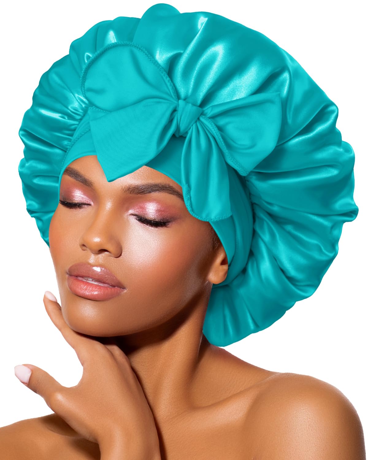 BONNET QUEEN silk bonnet aqua blue on head for curl protection and comfortable sleep.