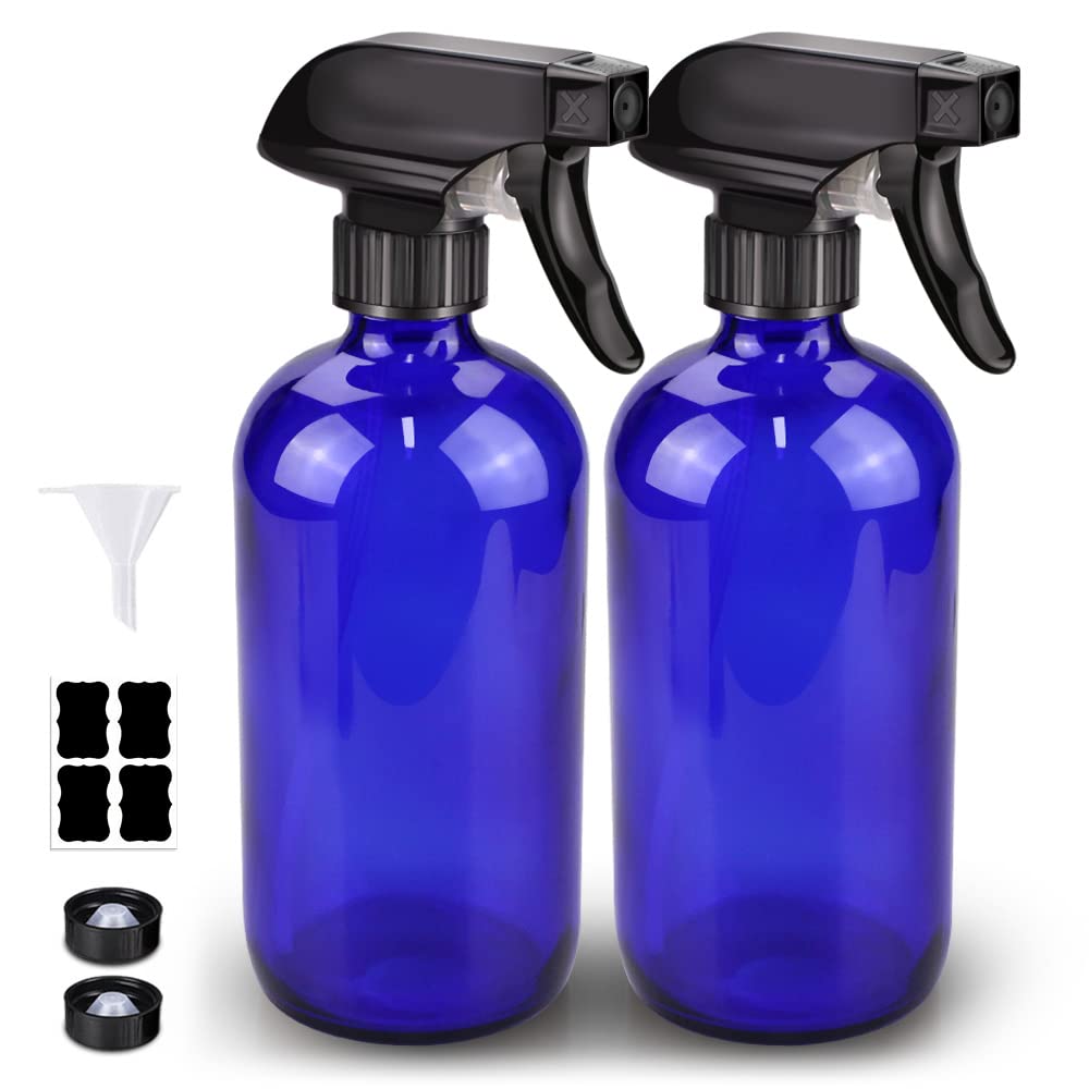 Bontip blue glass spray bottle set with 16 oz capacity for versatile home use.