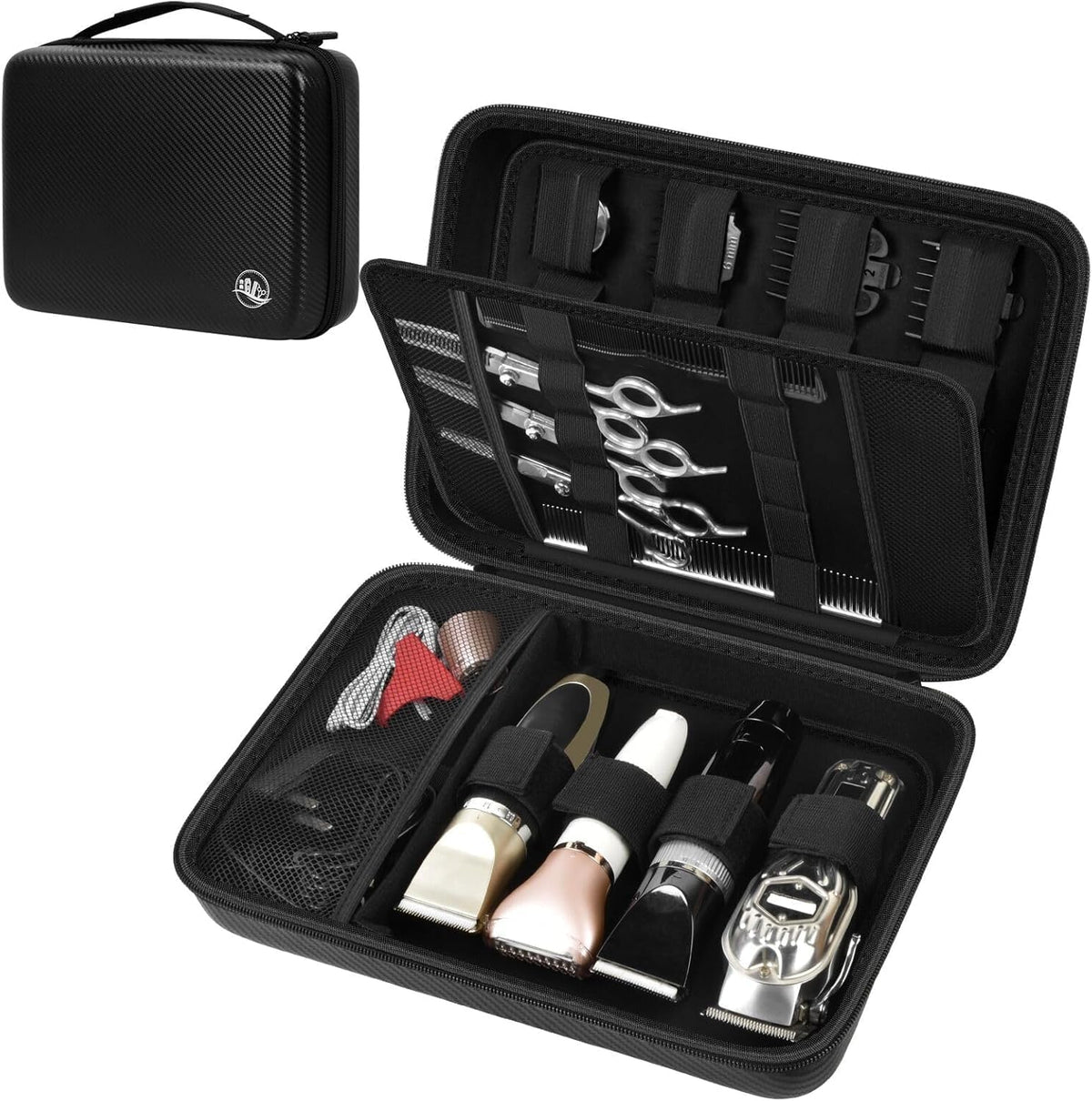 Boobowl hard travel case interior shows space for four clippers and secure straps.