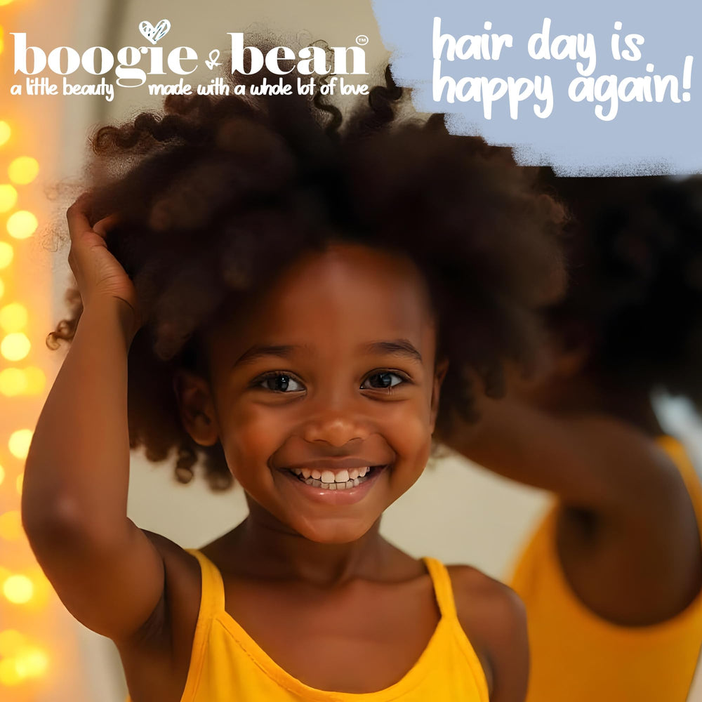 Boogie and Bean application scene shows soothing scalp massage and root stimulation.