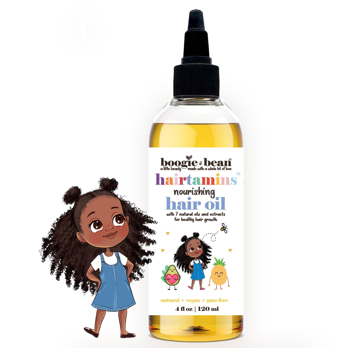 Boogie and Bean Kids Hair Oil bottle close-up showing plant-based formula for gentle scalp care