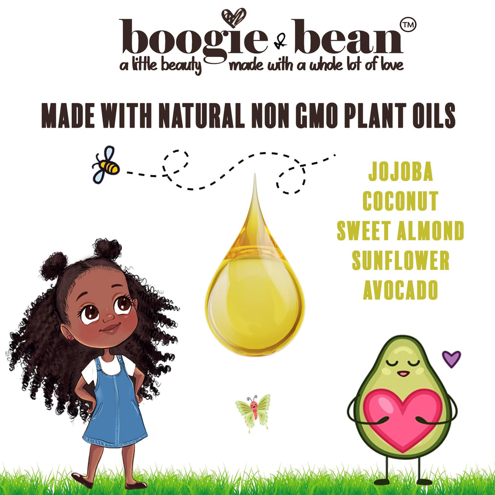 Boogie and Bean Kids Hair Oil texture drop on palm showing lightweight feel