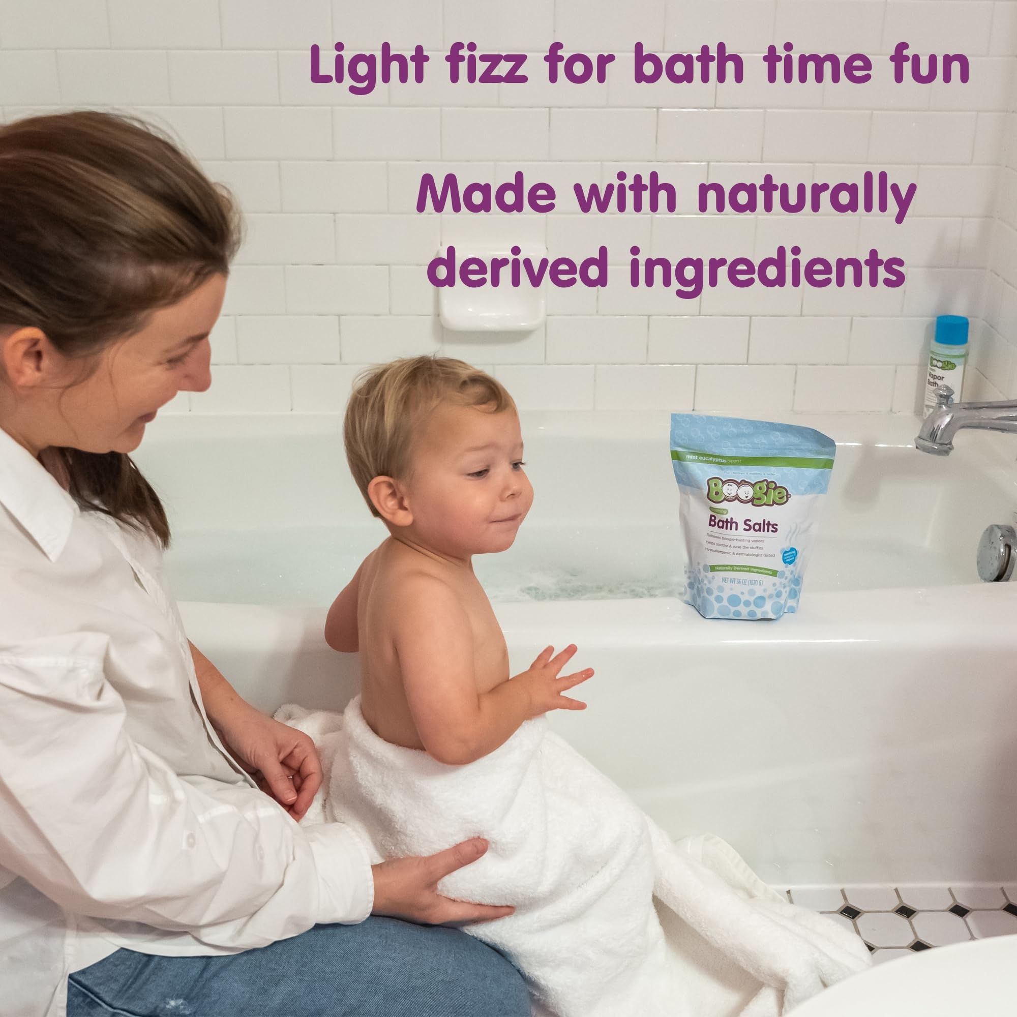 Boogie Kids Soothing Bath Salts close-up label shows natural essential oils.
