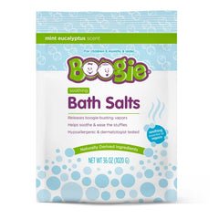 Boogie Kids Soothing Bath Salts bottle being poured, facilitating a gentle eucalyptus routine for kids.