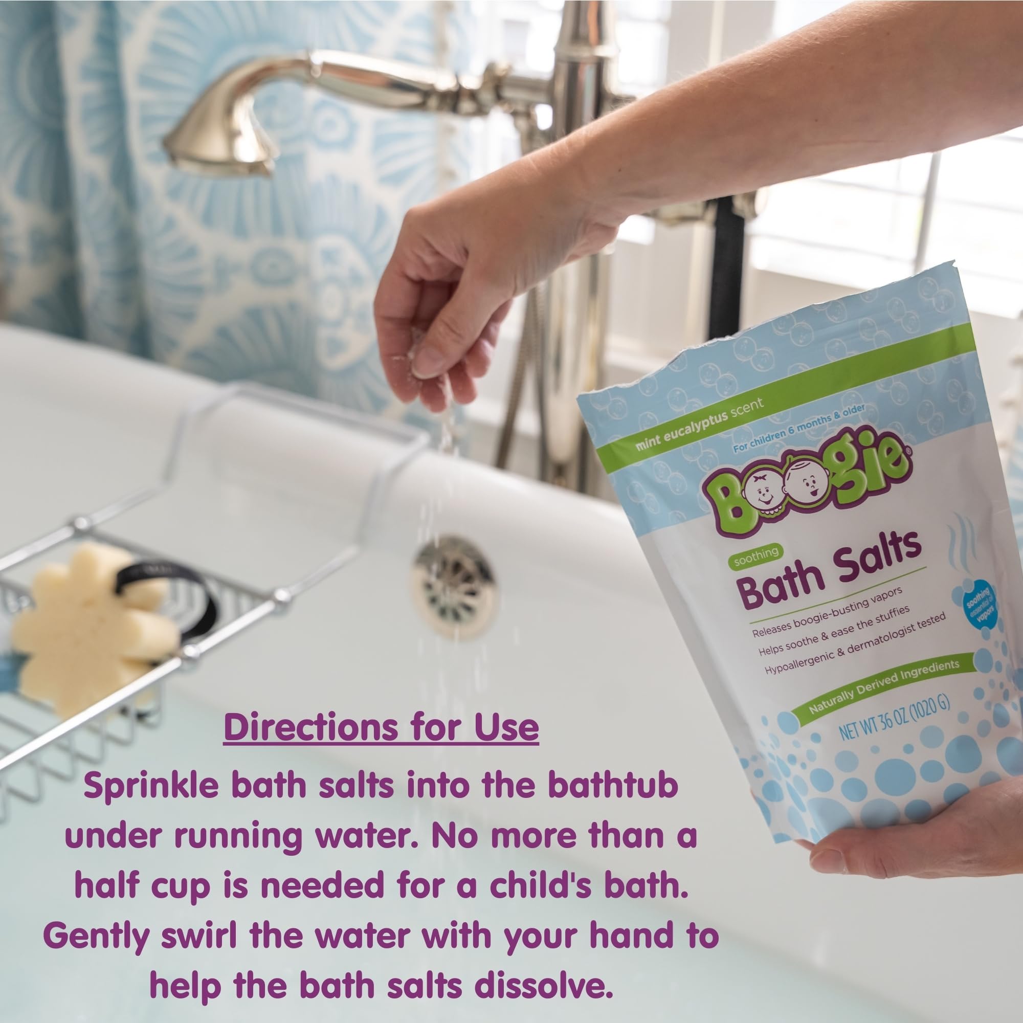 Boogie Kids Soothing Bath Salts during kid-friendly bath time with soft bubbles.