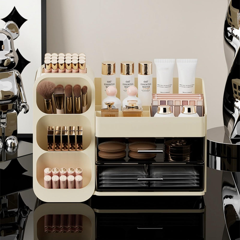 Booklov organizer with multiple drawers keeps cosmetics organized and ready to grab.