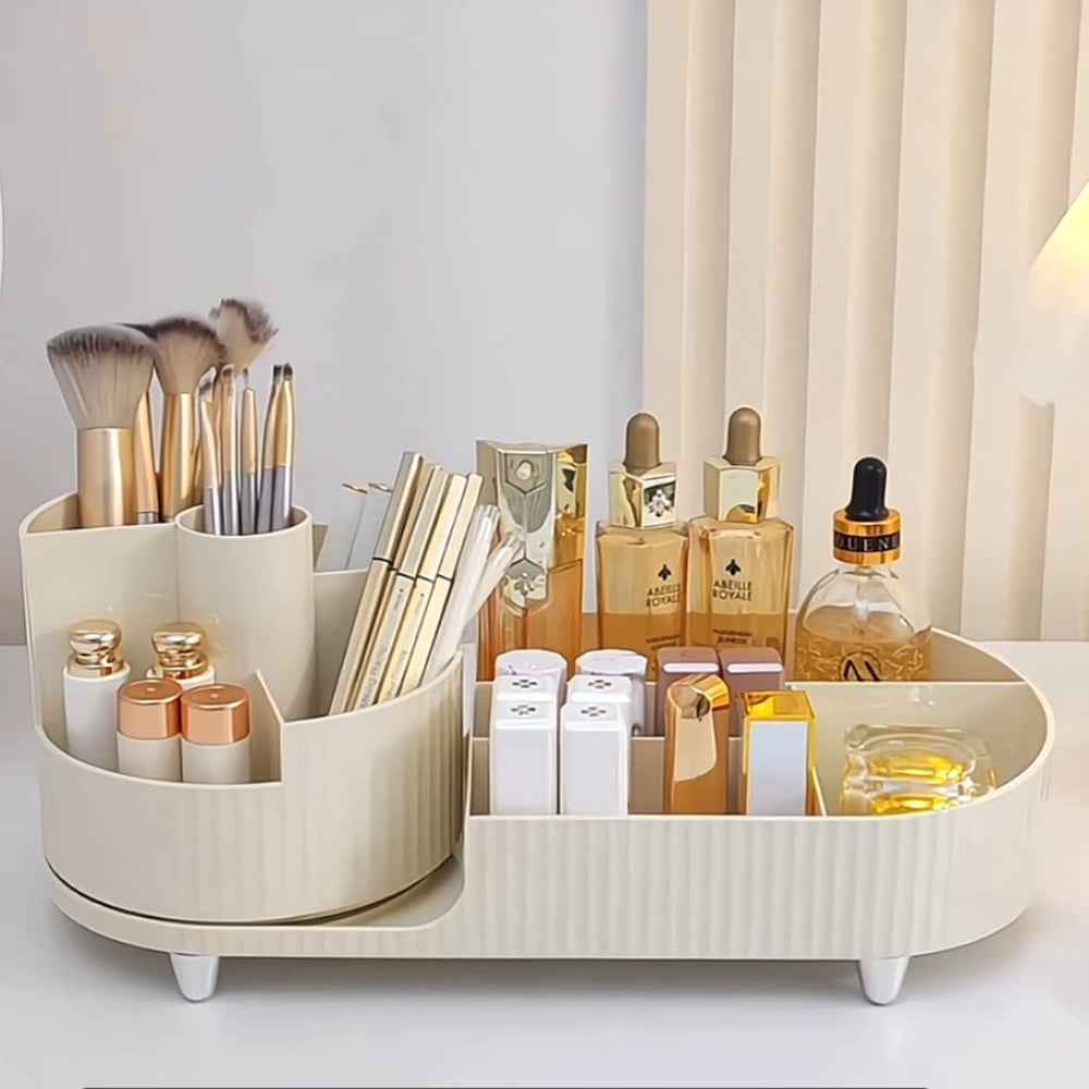 Booklov large-capacity display in ivory with space for lipsticks and skincare.