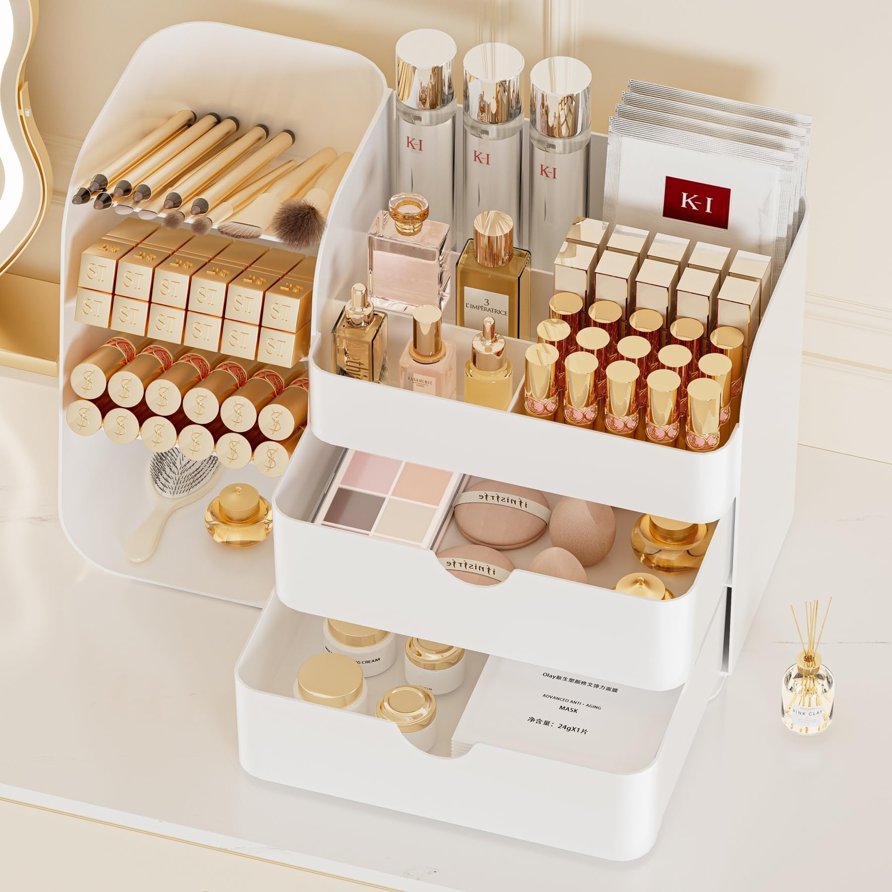 Booklov makeup organizer closeup shows durable finish and practical drawers.