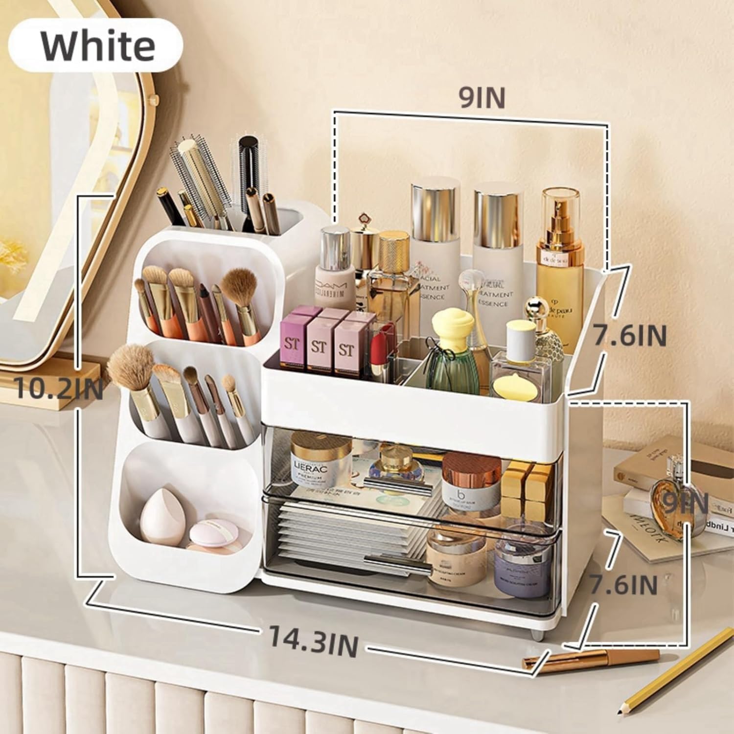 Booklov makeup organizer drawers open to reveal roomy compartments for lipsticks.