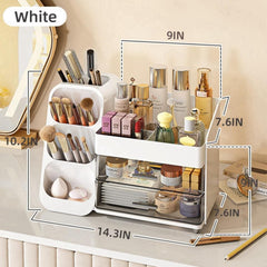 Booklov makeup organizer drawers open to reveal roomy compartments for lipsticks.