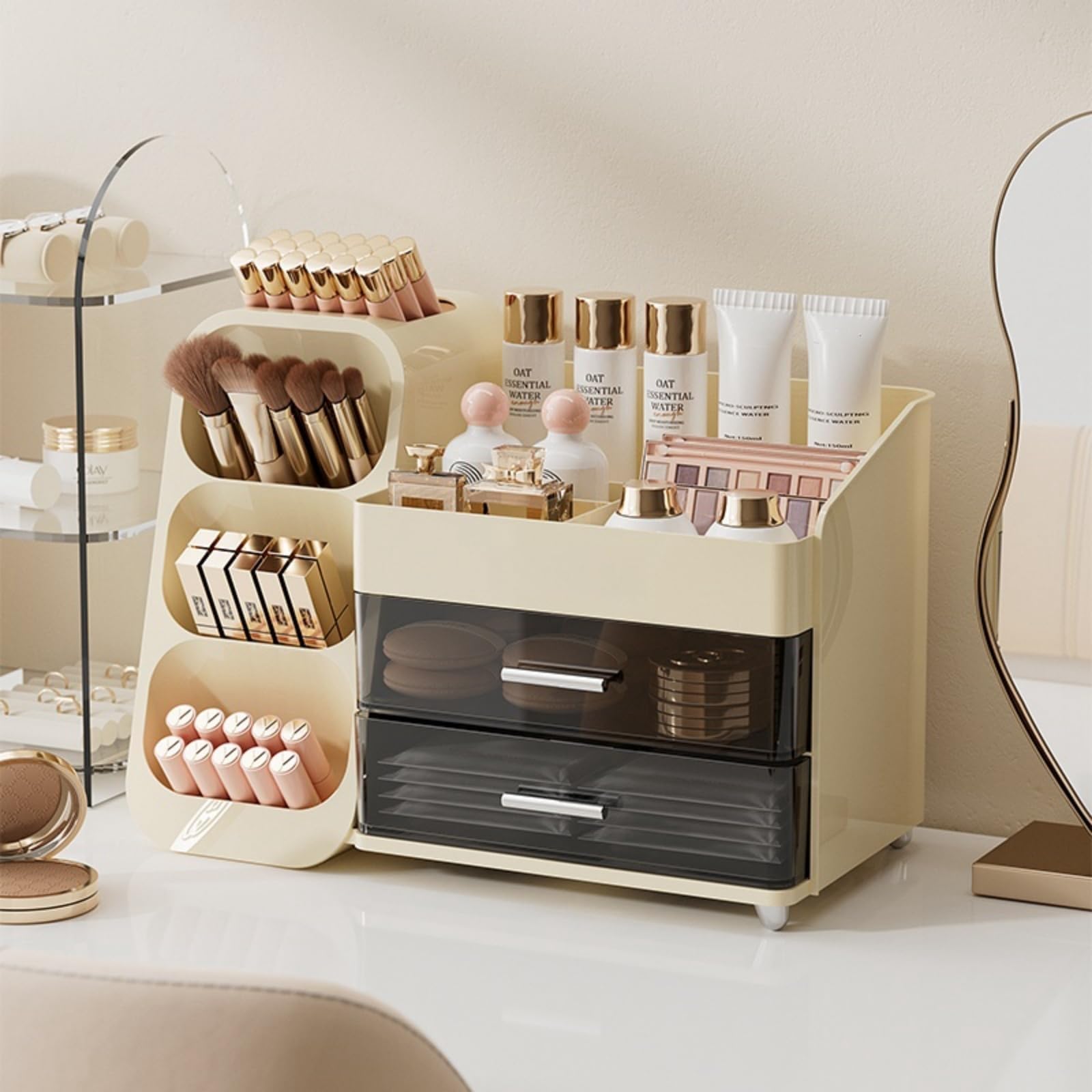 Booklov makeup organizer with drawers on vanity for easy-access cosmetics storage.