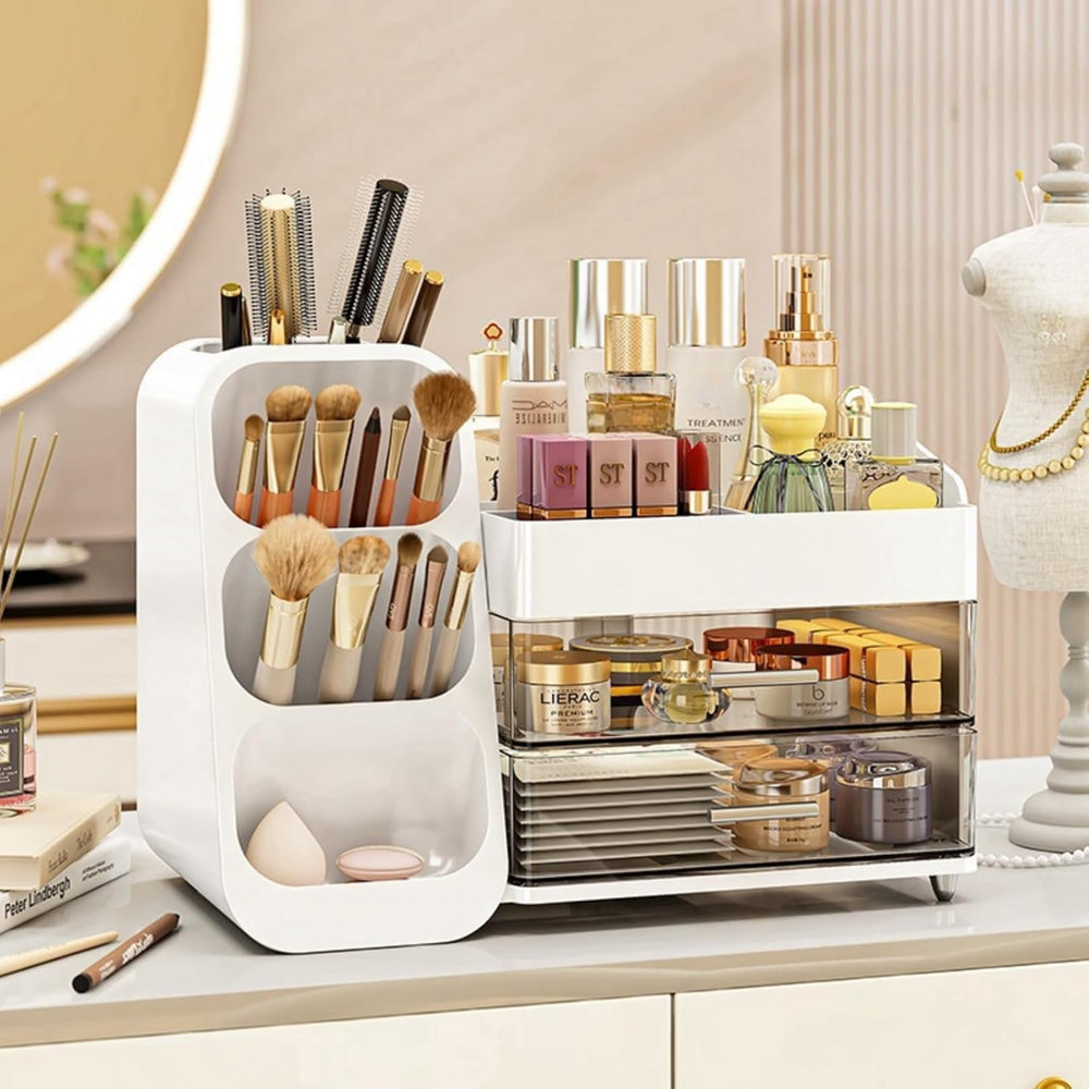 Booklov makeup organizer front view in white offers chic cosmetic storage.
