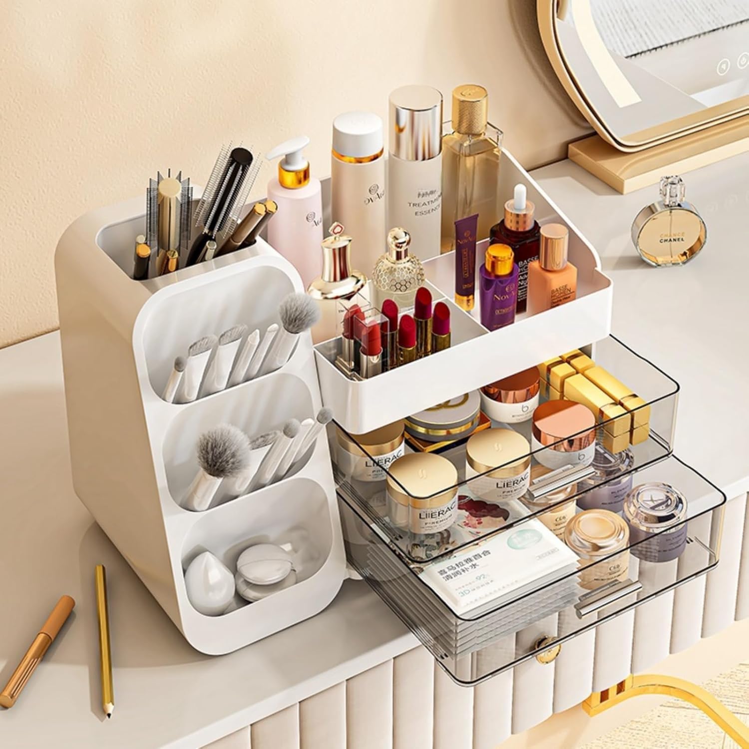 Booklov makeup organizer internal compartments keep lip colors and brushes sorted.