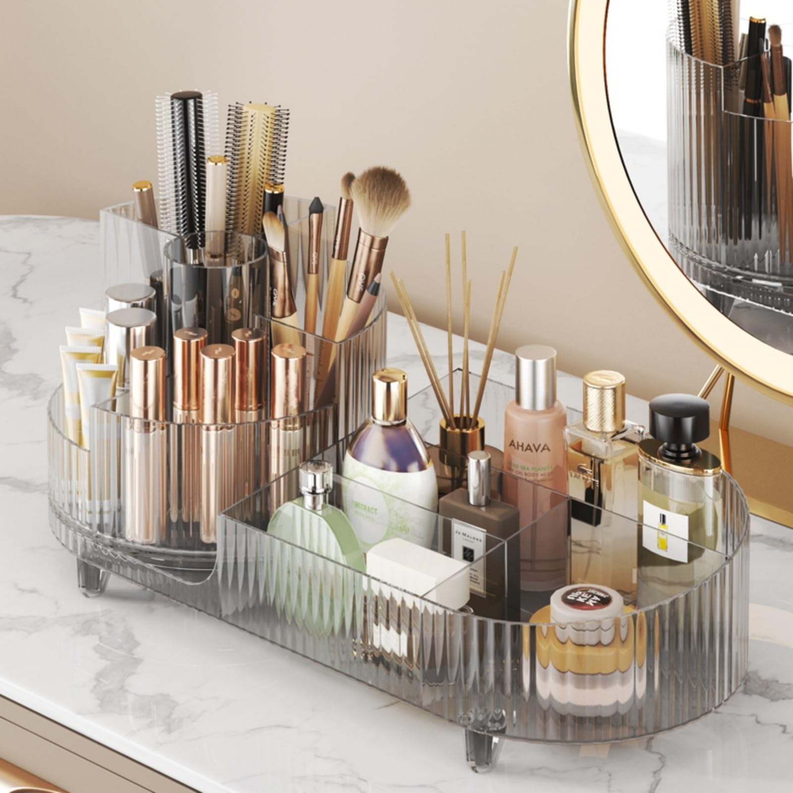 Booklov organizer highlights brushes and tools neatly arranged for quick routine prep