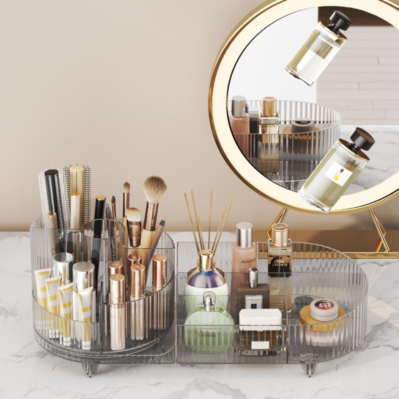 Booklov large capacity organizer filled with brushes skincare bottles and cosmetics on display