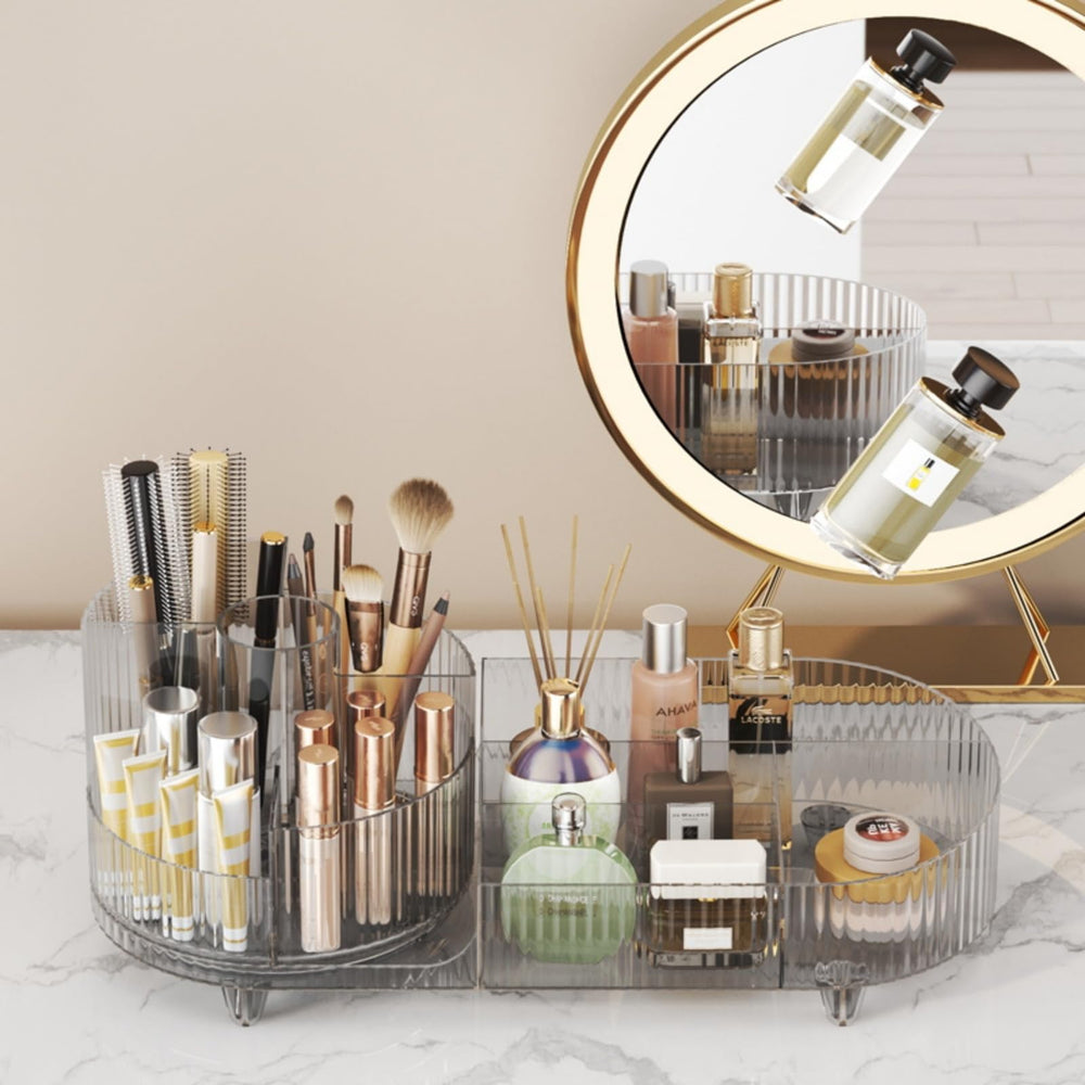 Booklov large capacity organizer filled with brushes skincare bottles and cosmetics on display