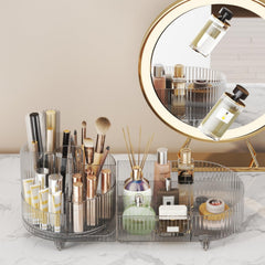Booklov large capacity organizer filled with brushes skincare bottles and cosmetics on display