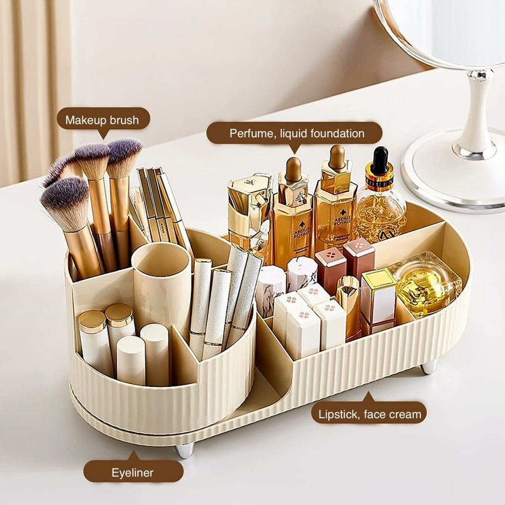 Booklov rotating makeup organizer side view showing compact footprint and organized space.