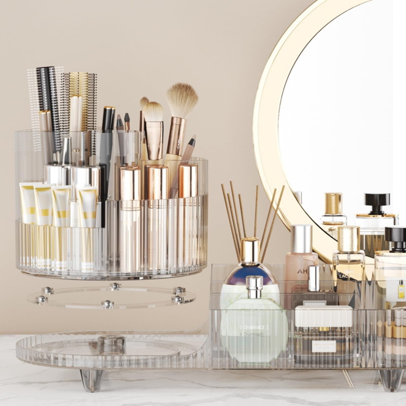 Booklov organizer stores skincare and serums on multiple levels for tidy counter space