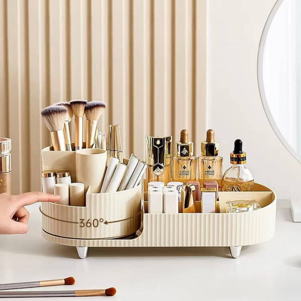Booklov rotating makeup organizer tilt view demonstrates smooth rotation for fast product selection.