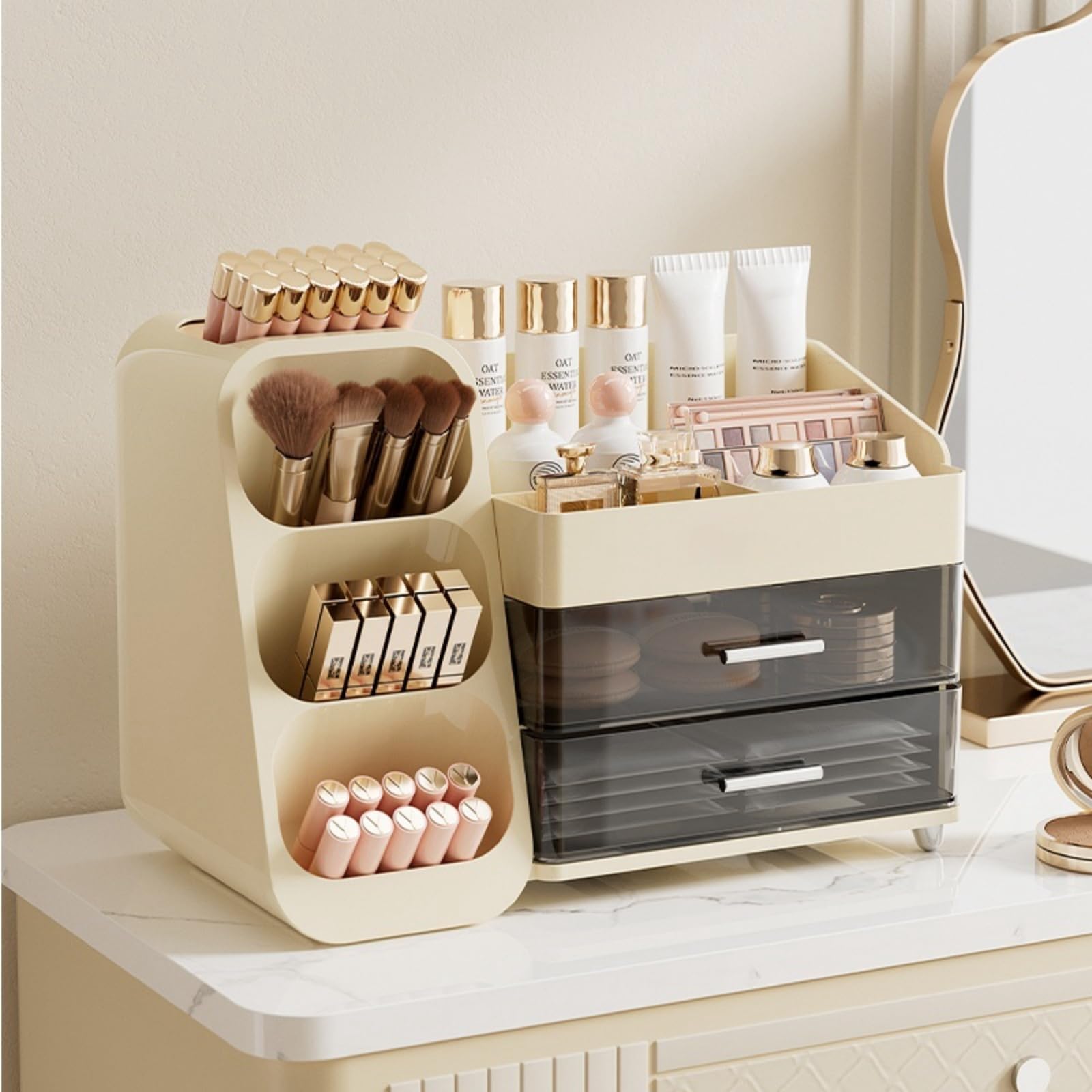 Booklov cream design elevates vanity aesthetics while keeping essentials accessible.