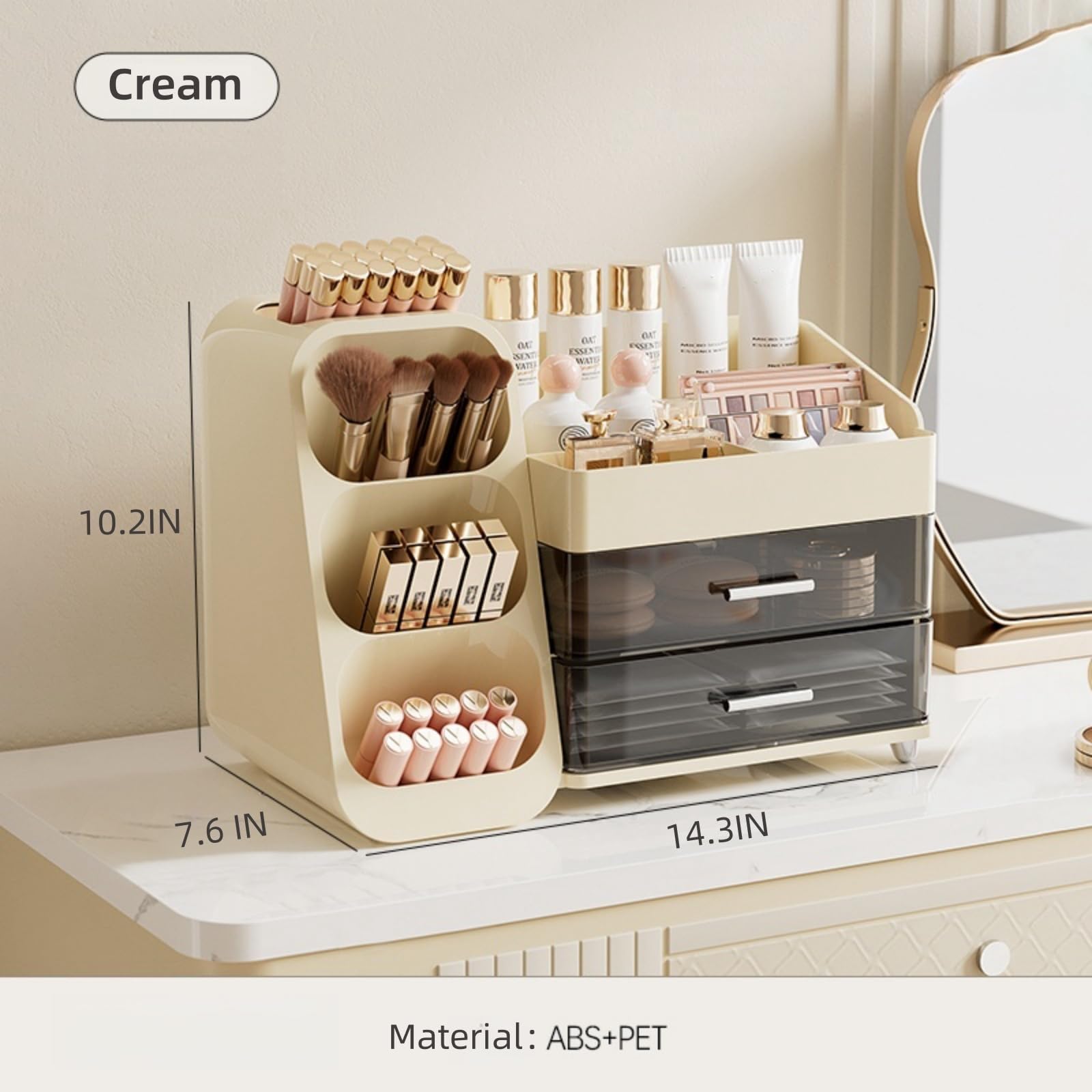 Booklov cream cosmetic display case neatly showcases brushes and lipsticks.