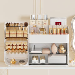 Booklov vanity organizer fits tall bottles and bulky essentials on a stable countertop.