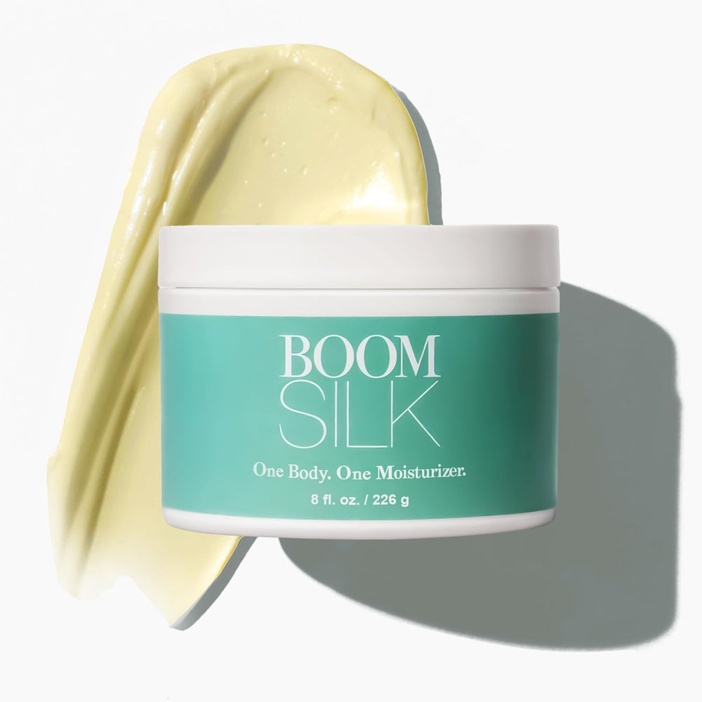 BOOM! Boomsilk body lotion on arm shows versatile face-to-body use