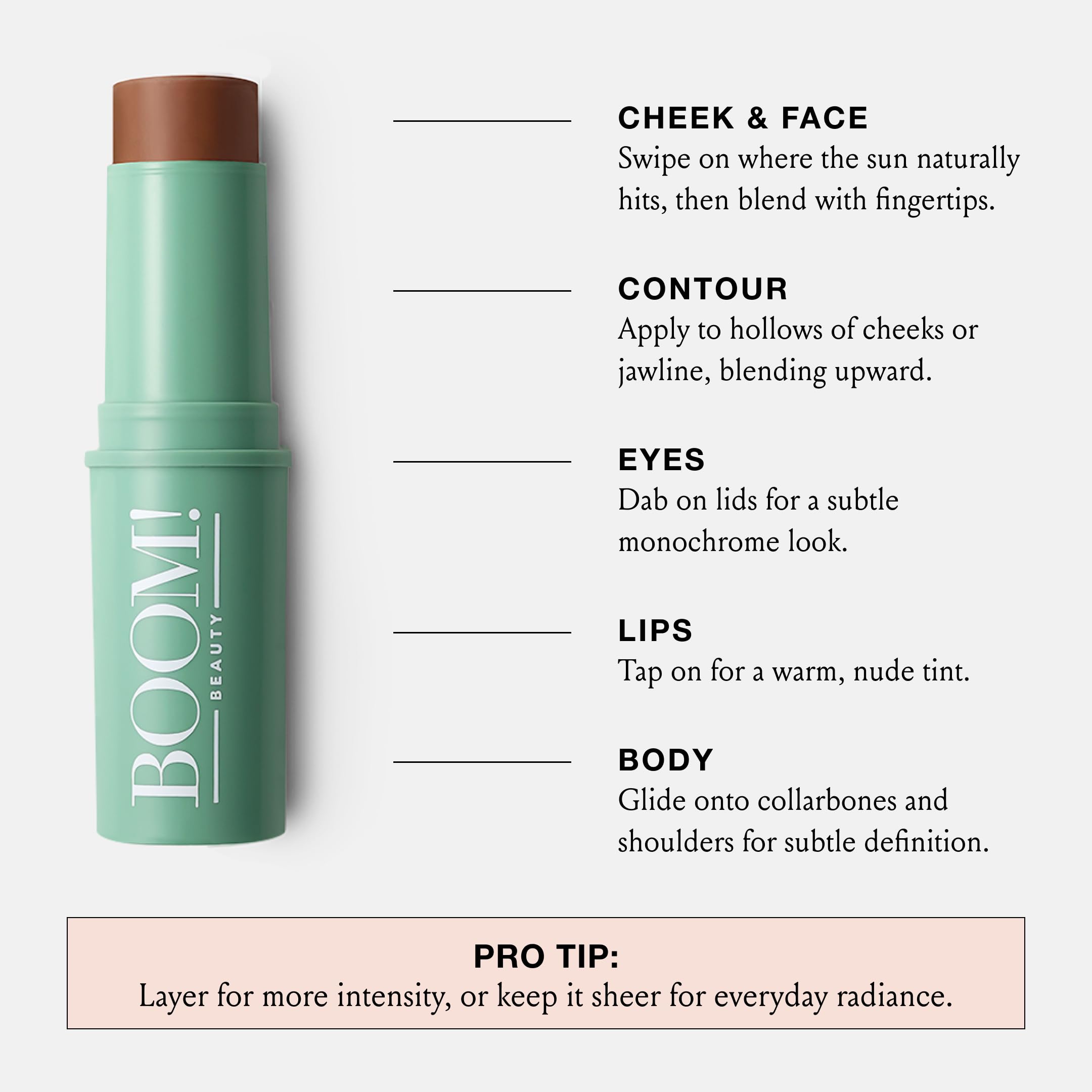 BoomStick Bronze collarbone glow adds radiance to décolletage.