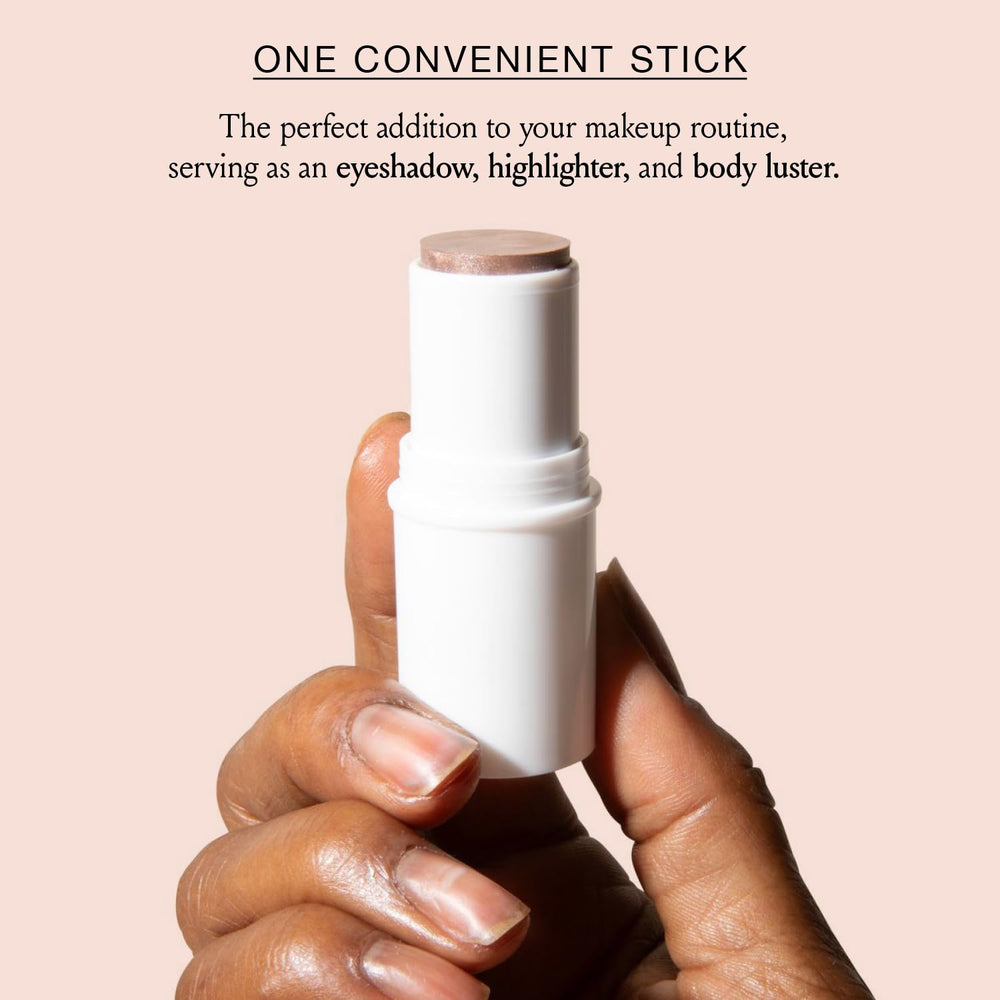 Boomstick Glimmer highlighter stick swirled on skin shows buildable luminosity throughout the day.