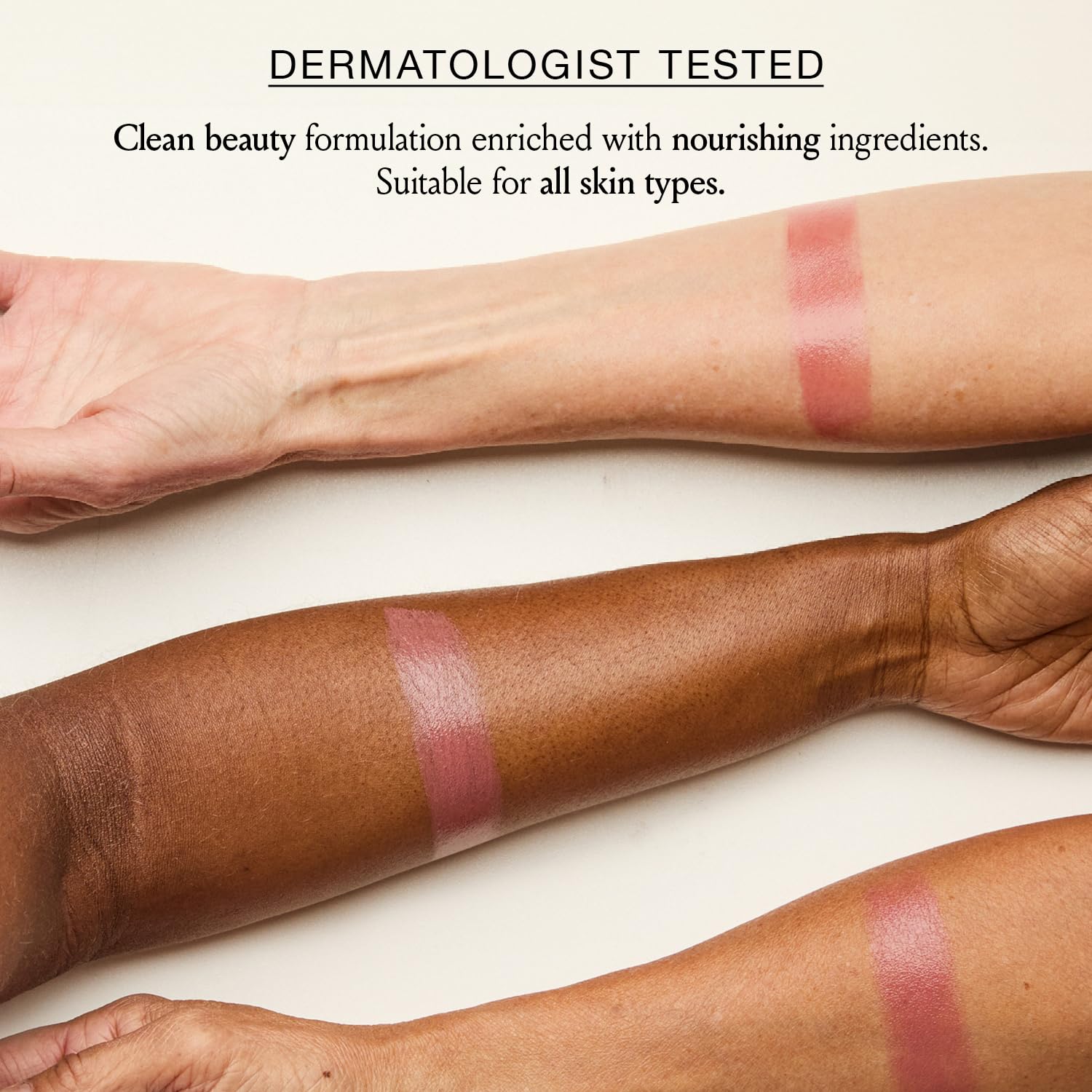 BOOM! Boomstick Rose Nude creamy blush application on cheeks for dewy glow.