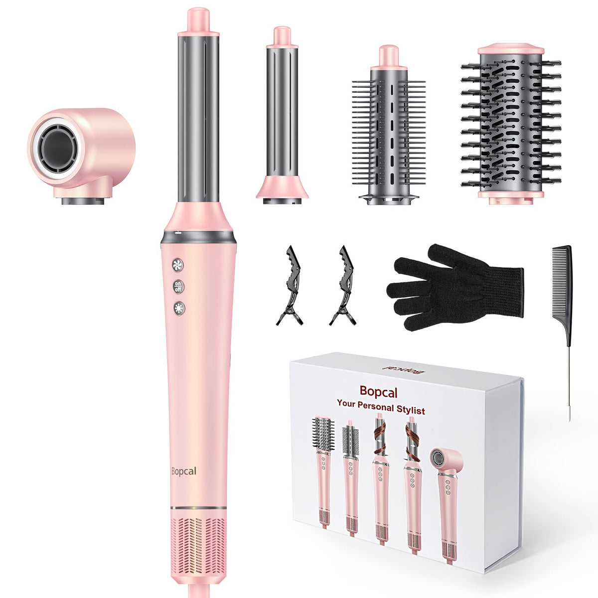 Bopcal 5-in-1 hot air styler wrap front view — versatile daily styling in one device.