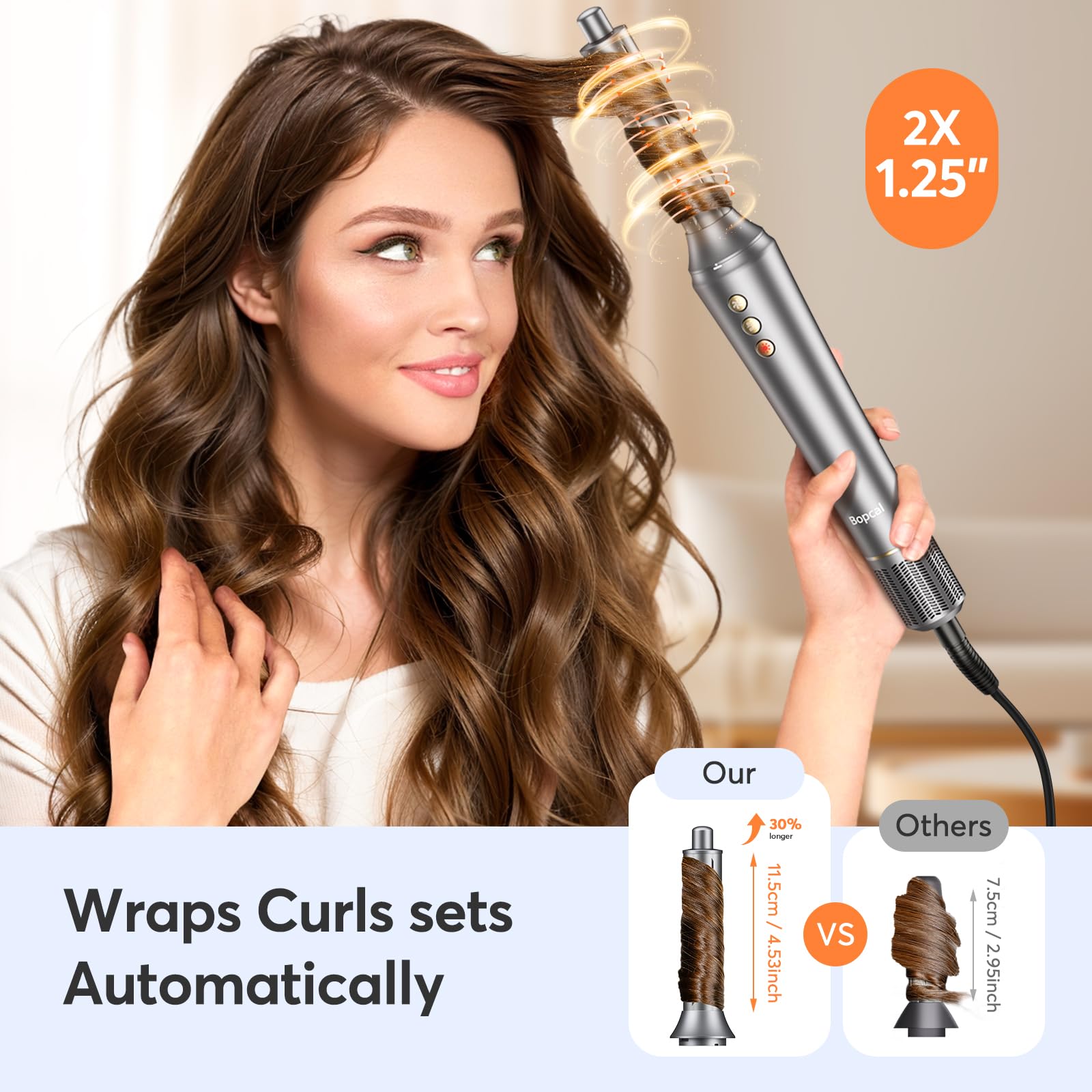 Bopcal auto-wrap left curl barrel demonstrates hands-free curl creation