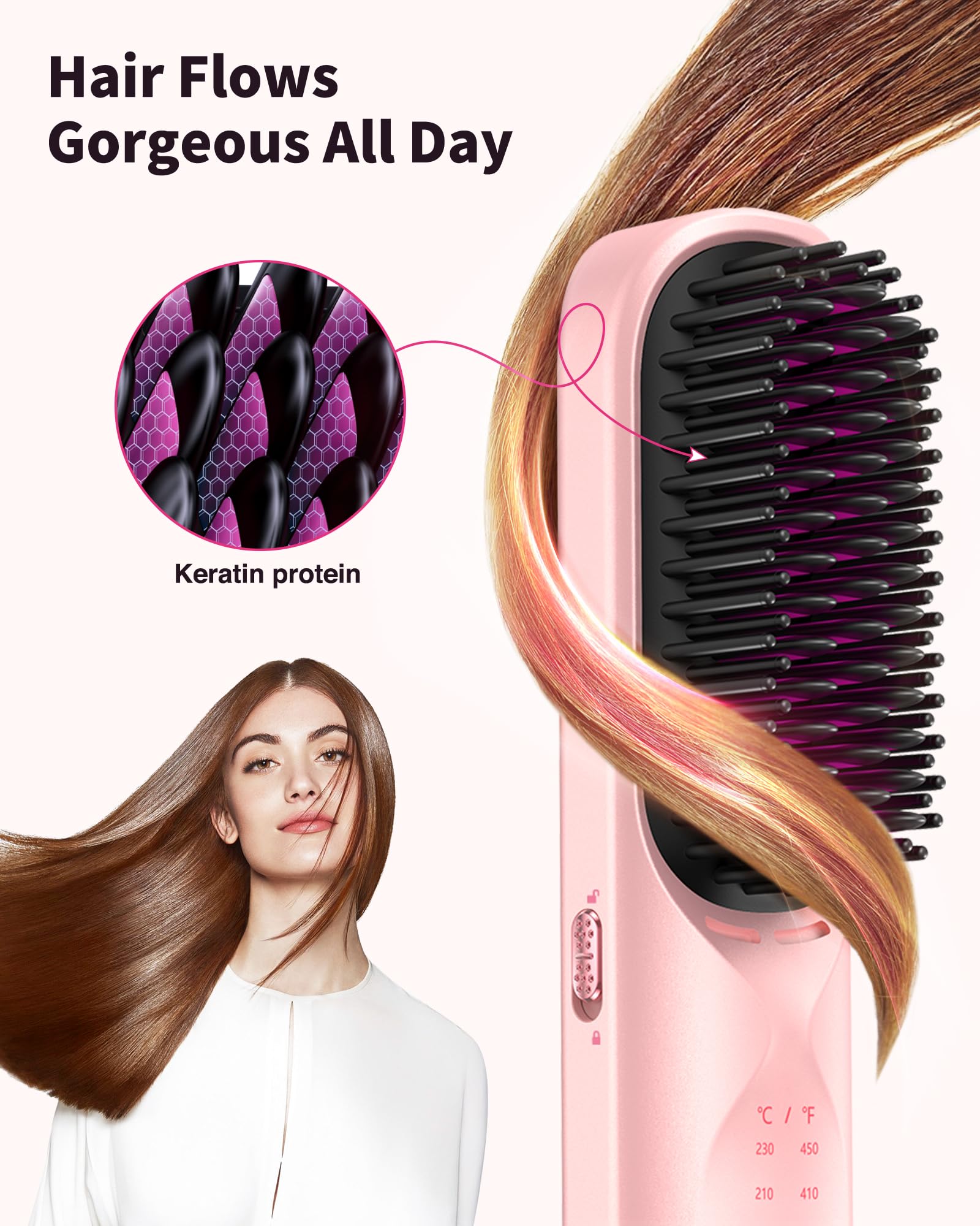 Bopcal cordless hair straightener brush keratin coating protects strands during heat styling