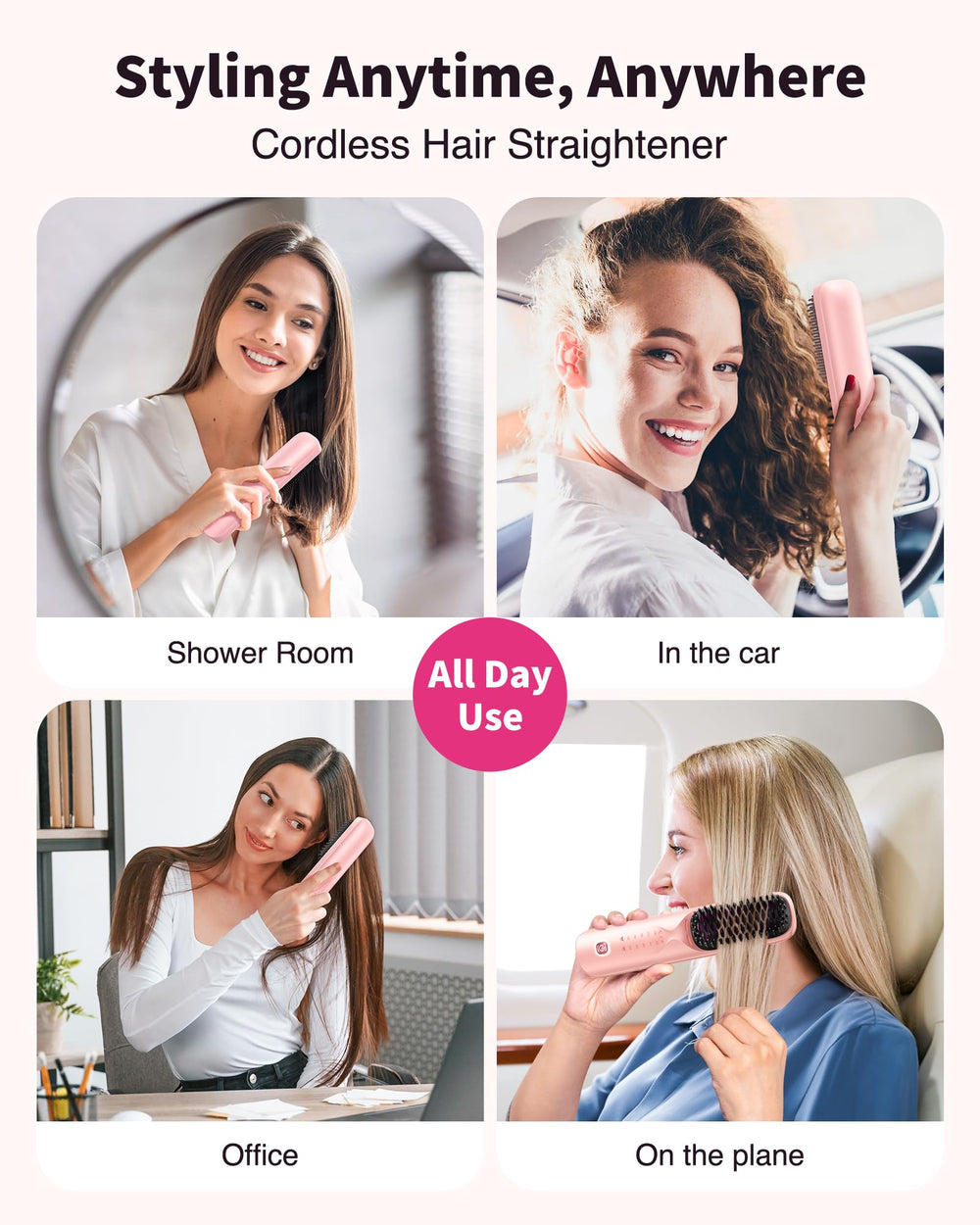 Bopcal cordless hair straightener brush powder pink side view showing portable styling