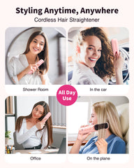 Bopcal cordless hair straightener brush powder pink side view showing portable styling