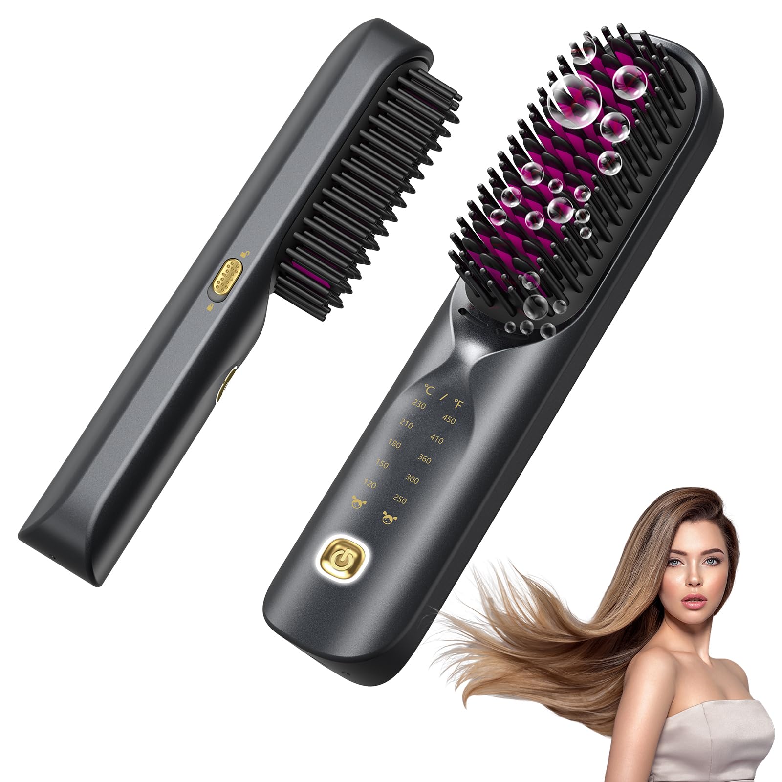 Bopcal cordless hair straightener brush travel-compact for on-the-go styling.