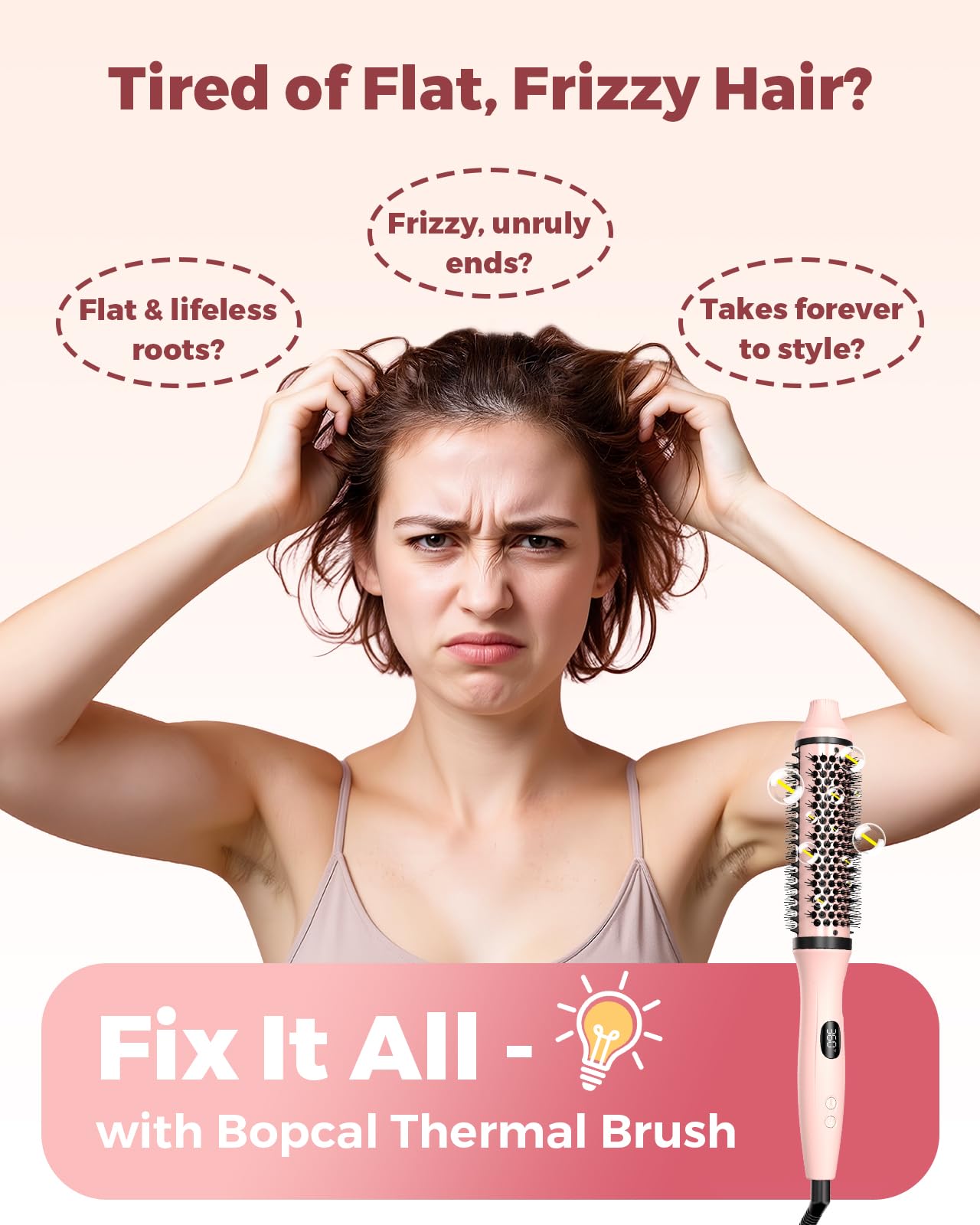 Bopcal Dual Voltage Thermal Brush barrel length boosts coverage for faster styling.