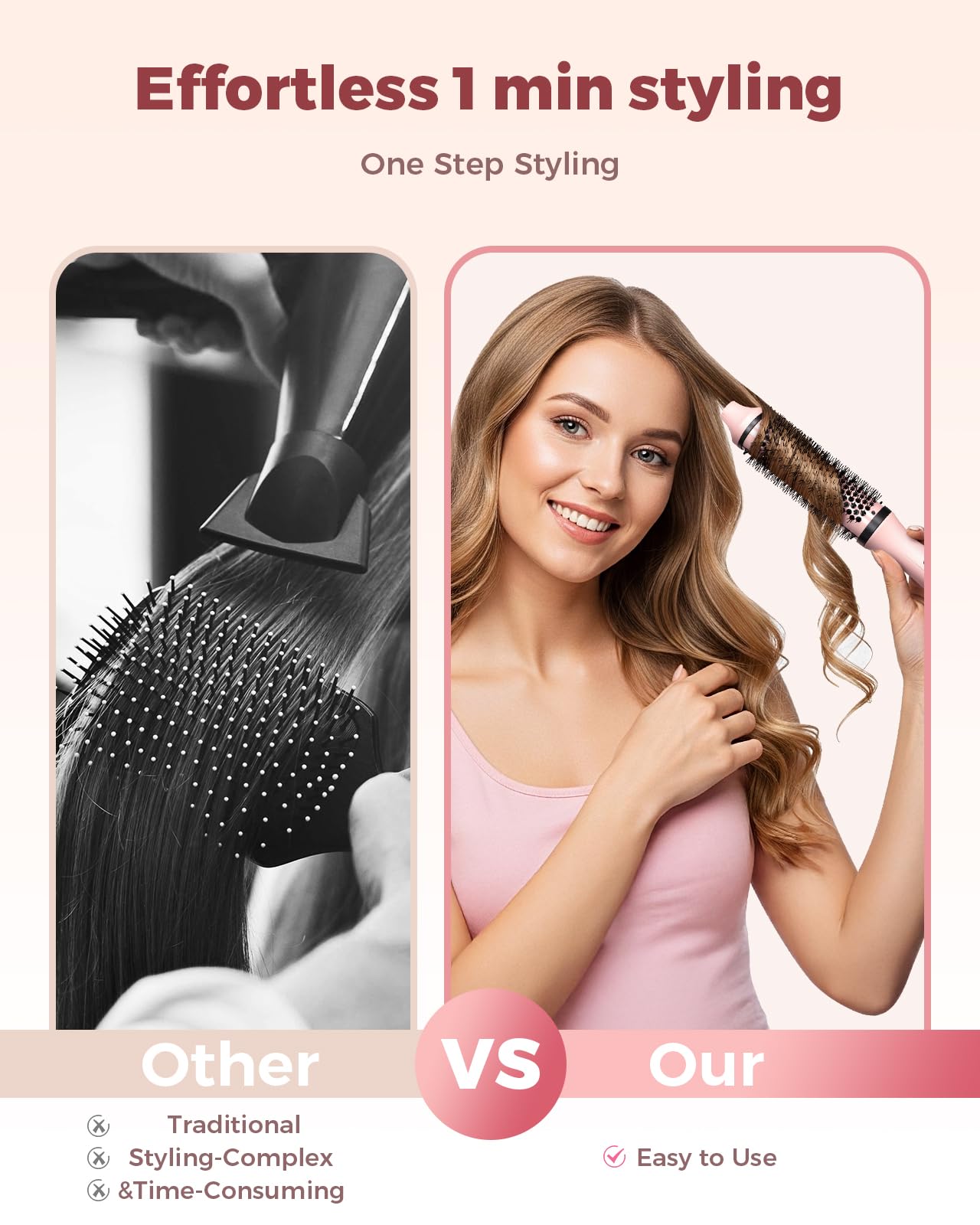 Bopcal Dual Voltage Thermal Brush negative ions reduce frizz for shine.