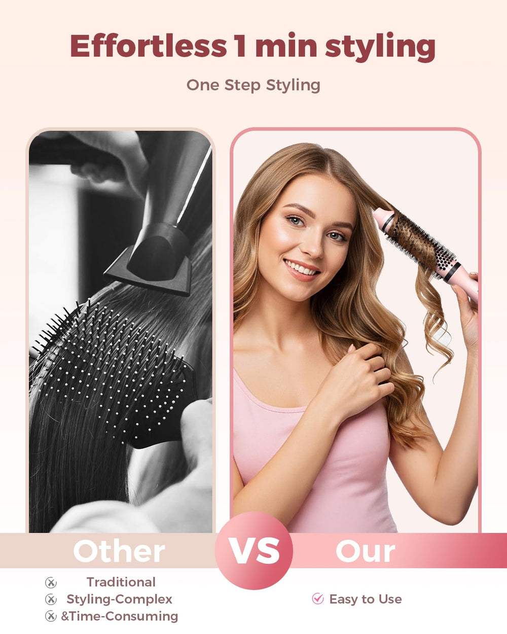 Bopcal Dual Voltage Thermal Brush negative ions reduce frizz for shine.