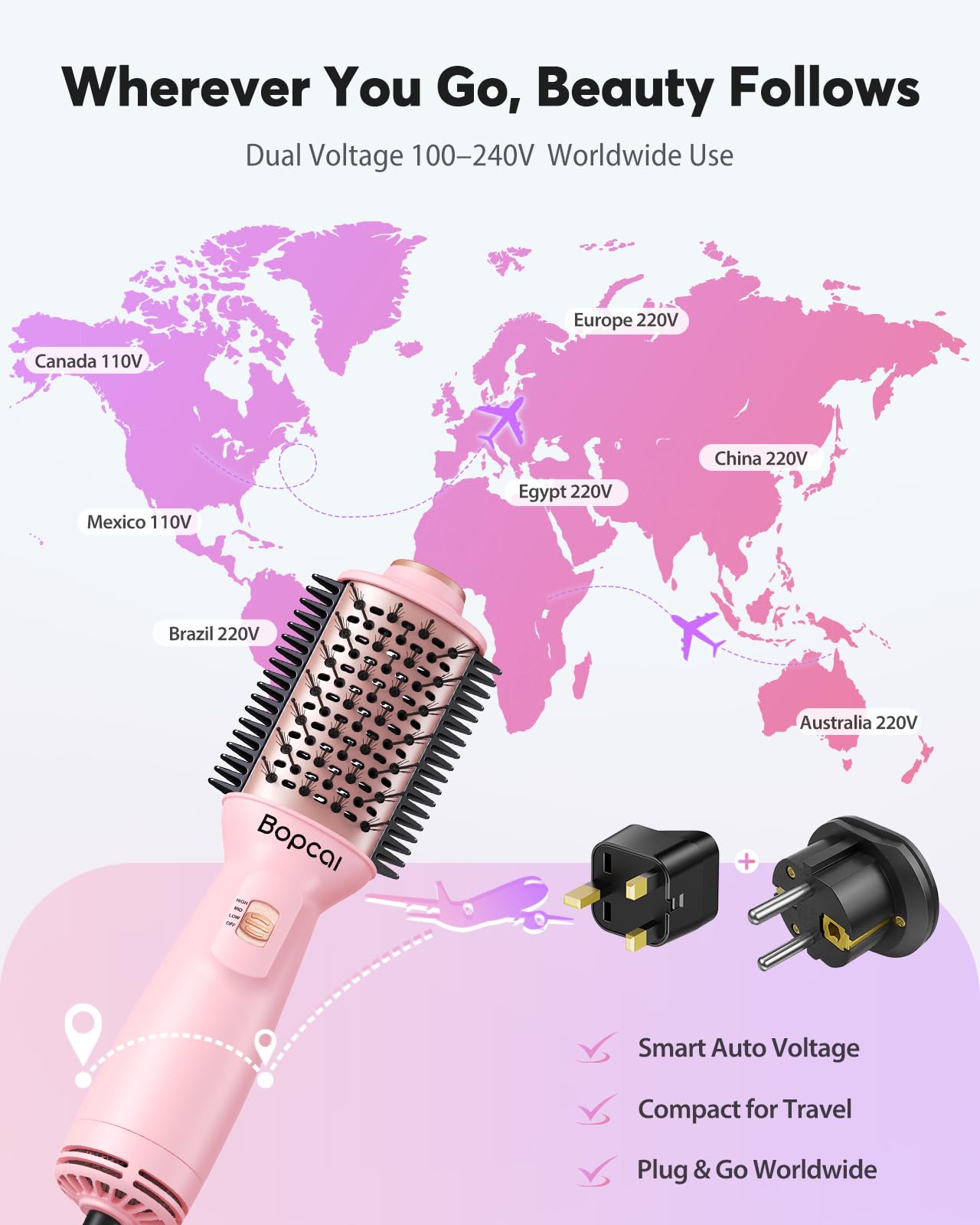 Bopcal mini-compact-hair-dryer-brush fits in luggage for quick touch-ups.