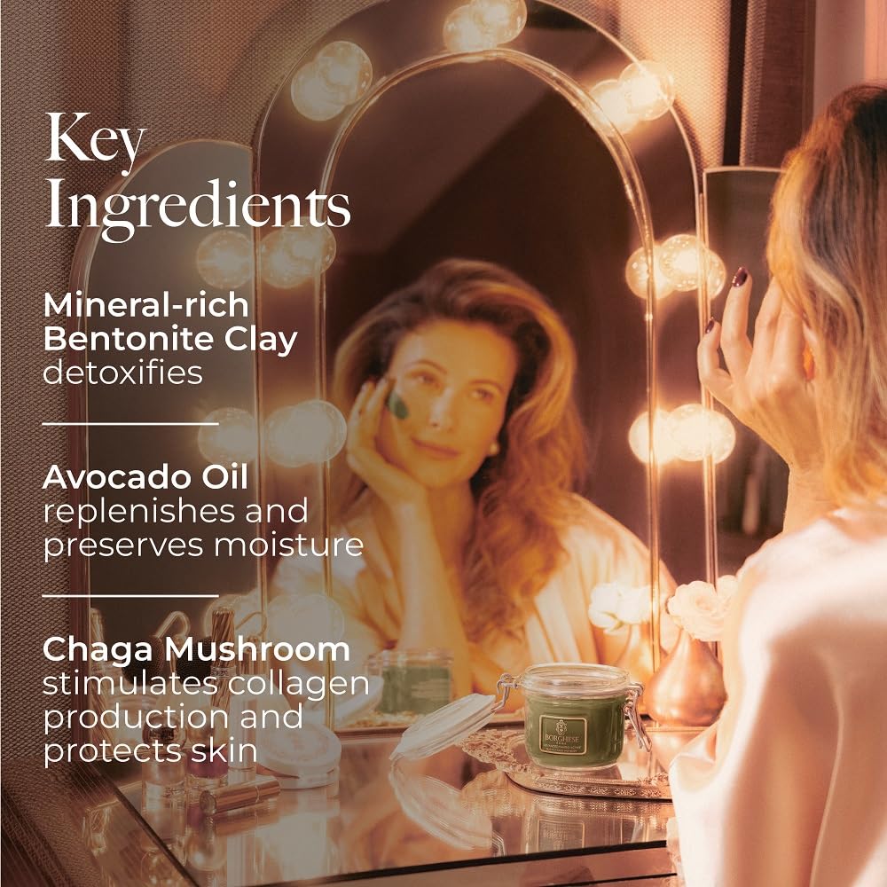 Borghese Fango Mask with bentonite clay emphasizes purification and balanced skin texture.