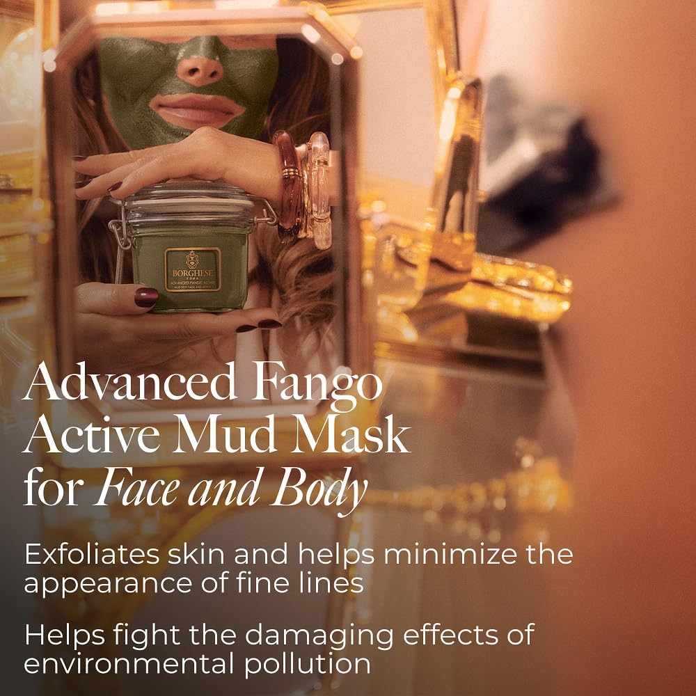 Borghese Advanced Fango Mud Mask on damp skin signals hydration and gentle exfoliation.
