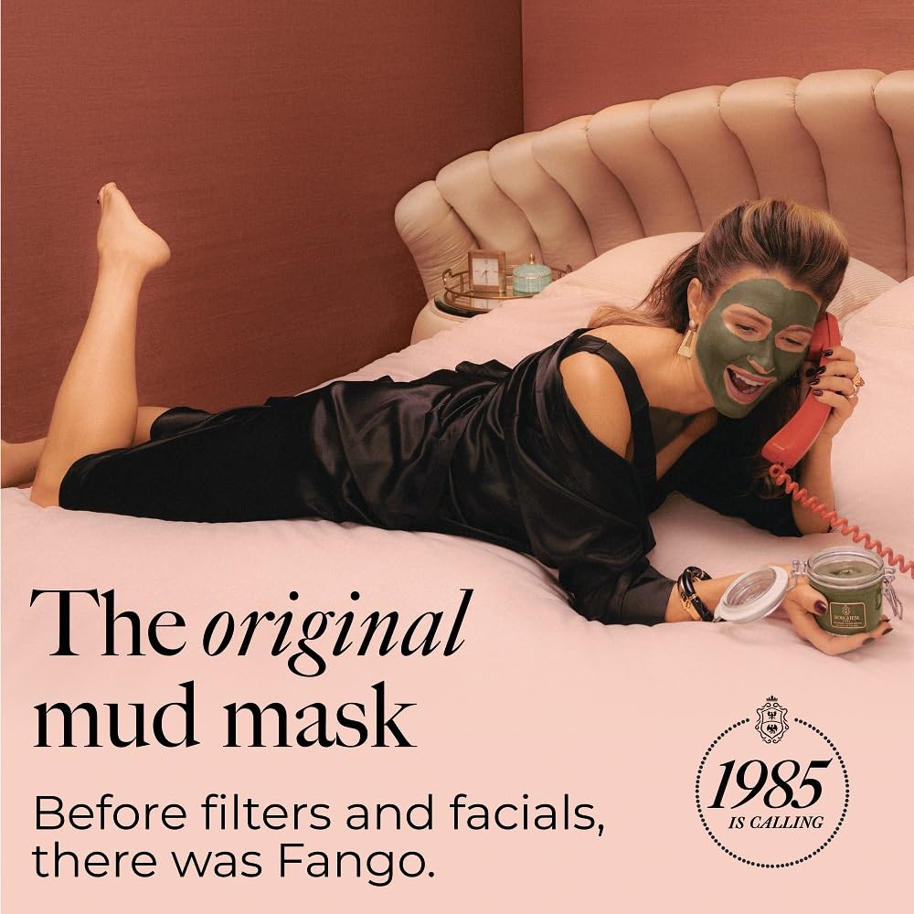 Borghese Advanced Fango Mud Mask applied on the face demonstrates purifying treatment for various skin types.